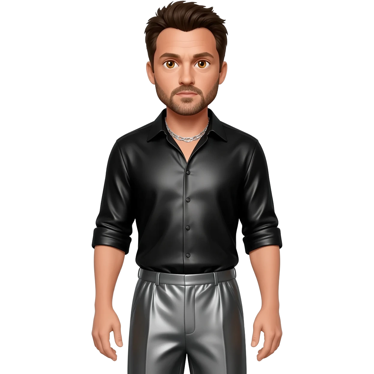 Ben Affleck with hazel eyes, dark brown hair, black metallic shirt, charcoal metallic baggy pants, silver necklace emoji