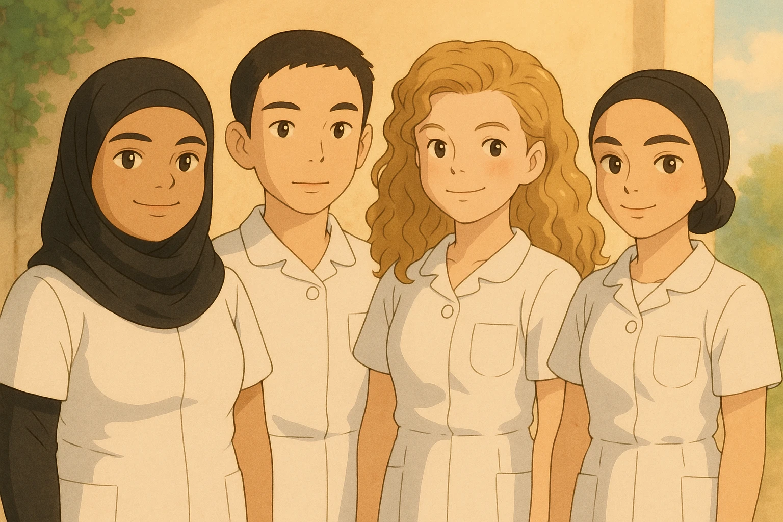 Illustration style Ghibli of four nursing students standing side by side, warm atmosphere, wearing short-sleeved white uniforms without undershirts or stethoscopes, resembling the four people in the provided photos. emoji