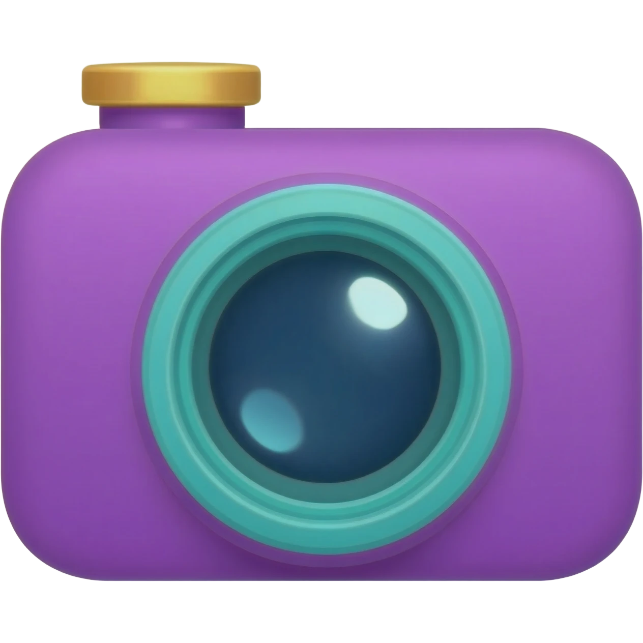 cute purple camera with a large teal lens, golden shutter button on top, tiny flash sparkle emoji