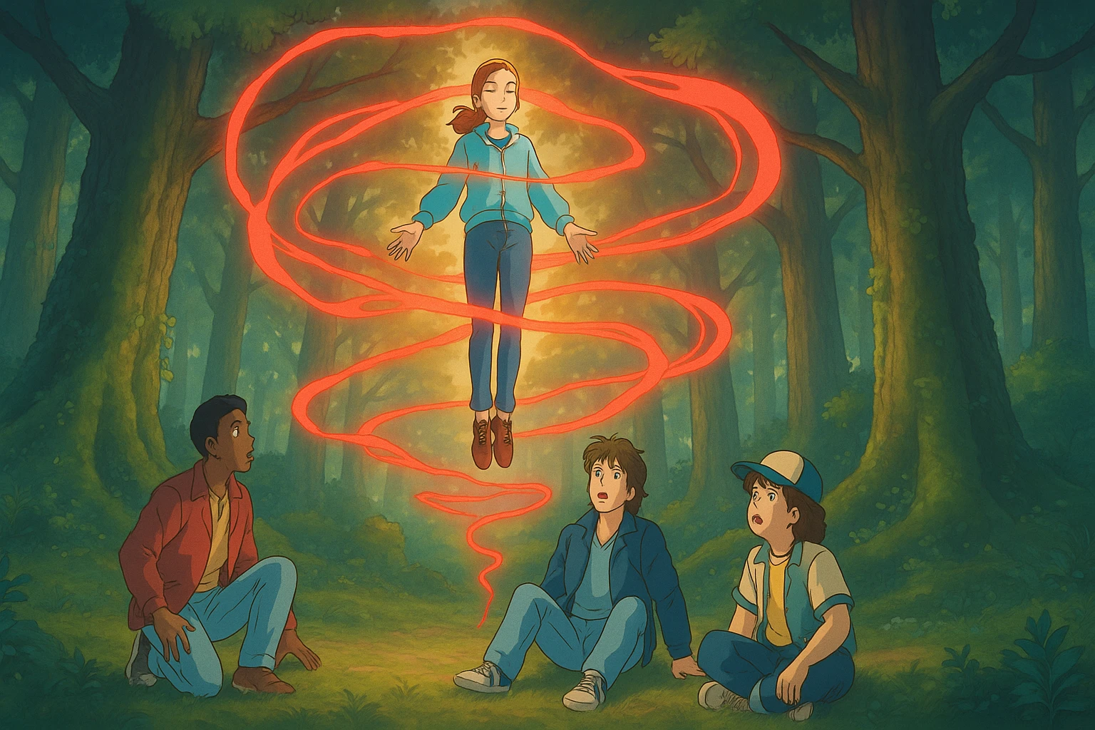 Max from Stranger Things levitating with supernatural red energy swirling around her, Lucas, Steve, and Dustin in awe. Ghibli style, wide aspect ratio (16:9), intense and mystical atmosphere. Make Lucas, Steve, and Dustin visually recognizable with their signature hairstyles and outfits. emoji