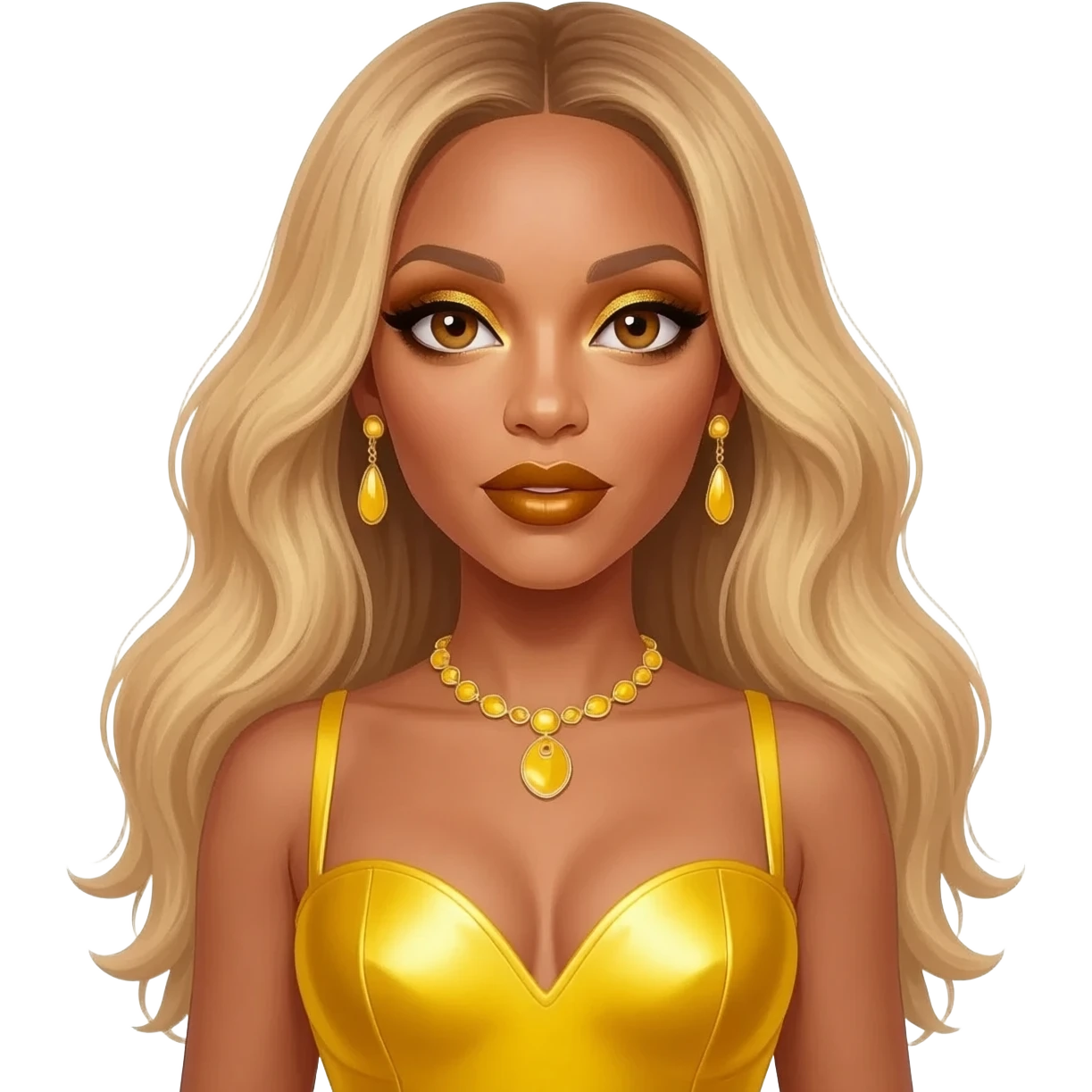 Beyonce with hazel eyes, long strawberry blonde hair, gold eyeshadow, bronze lipstick, yellow metallic sweetheart dress, yellow necklace and earrings emoji