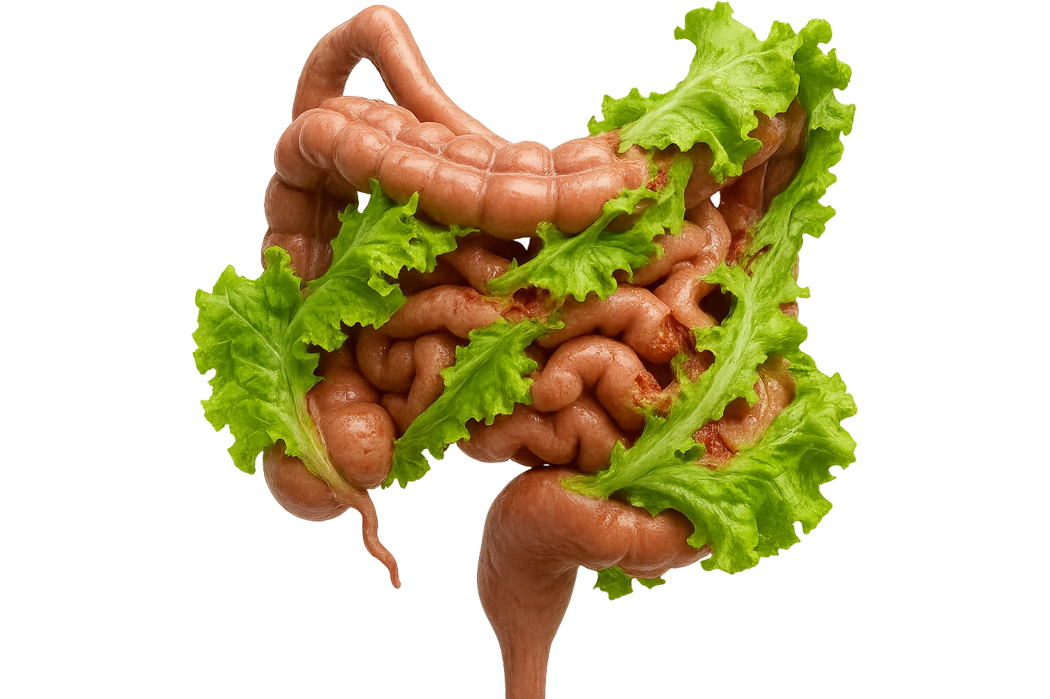 foglie di insalata che attaccano un intestino anatomico umano per distruggerlo, iperrealisticoù emoji