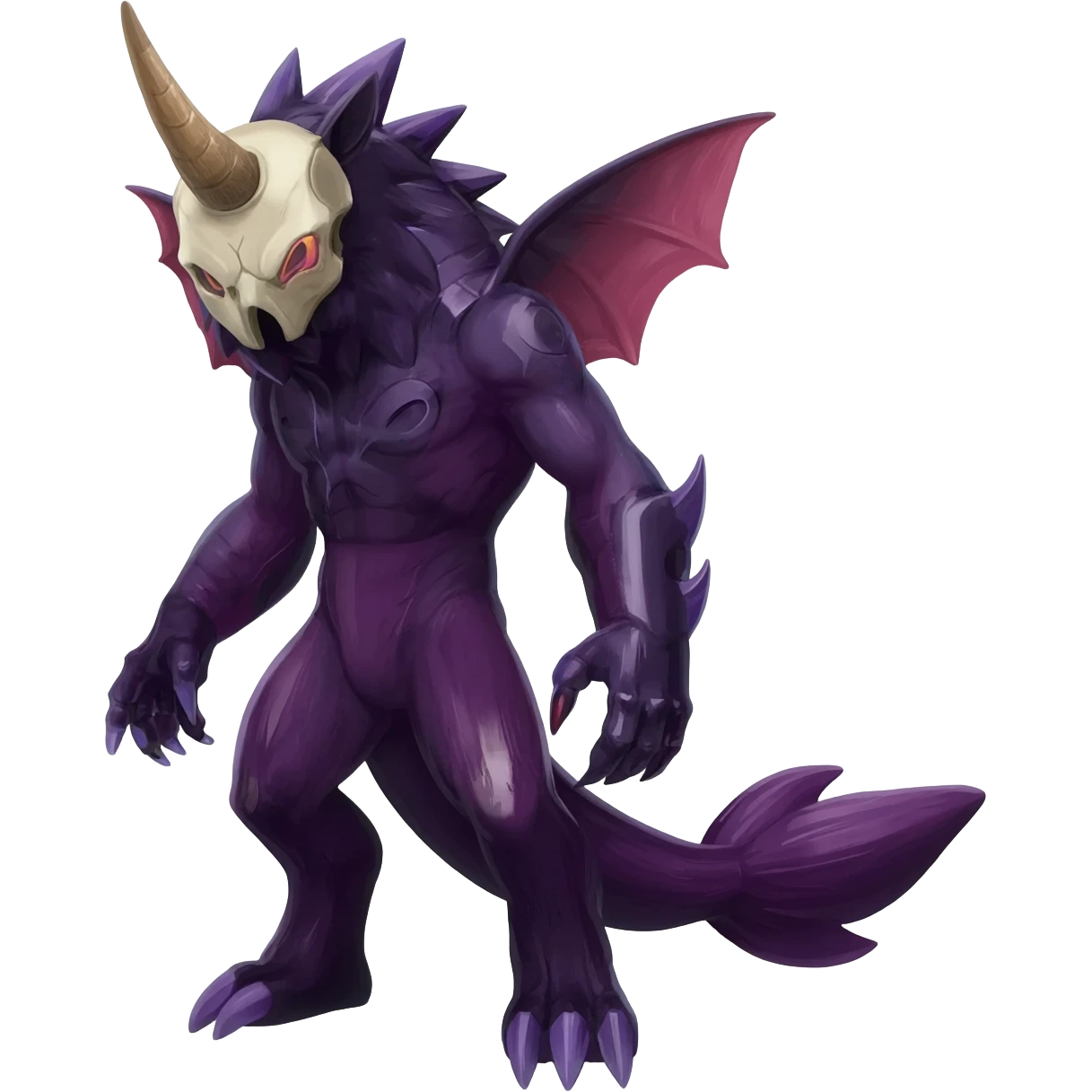 Shiny Dark Edgy  Duskull-Salandit-Inteleon-Fakémon-hybrid-creature (full body) with a horned animal-skull-mask emoji