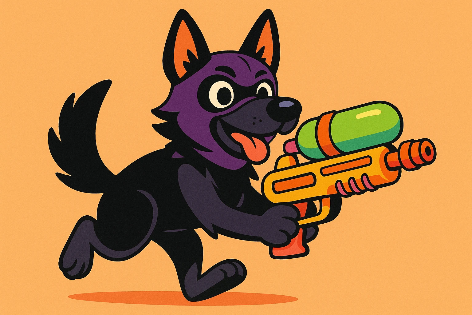 playful black German Shepherd in a ski mask, gripping a colorful water gun, cartoon style emoji
