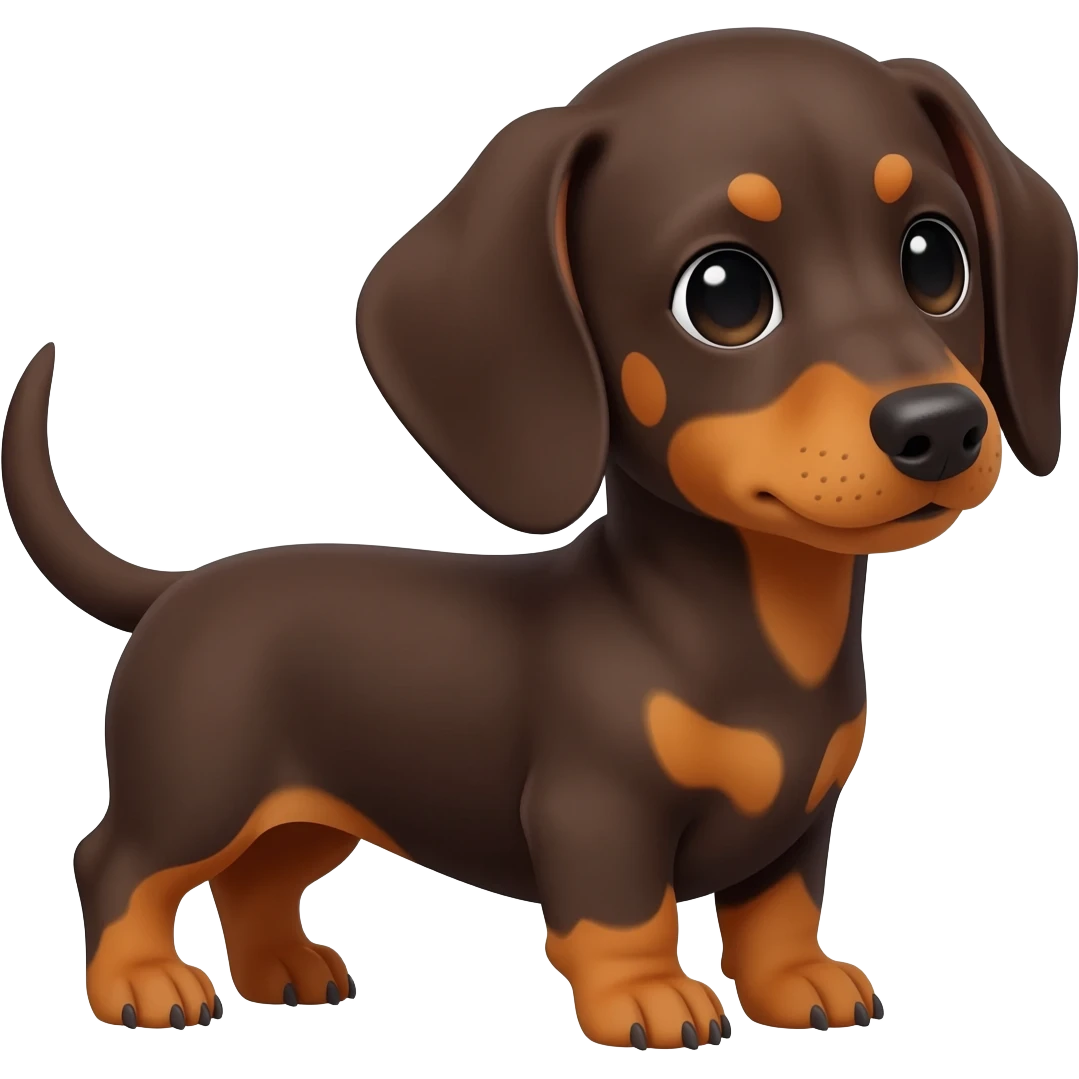A cute 8 week old dascshund puppy with long ears, short legs, and dark brown fur.  He has a small amount of lighter brown on his chest and feet but no eyebrows or muzzle emoji