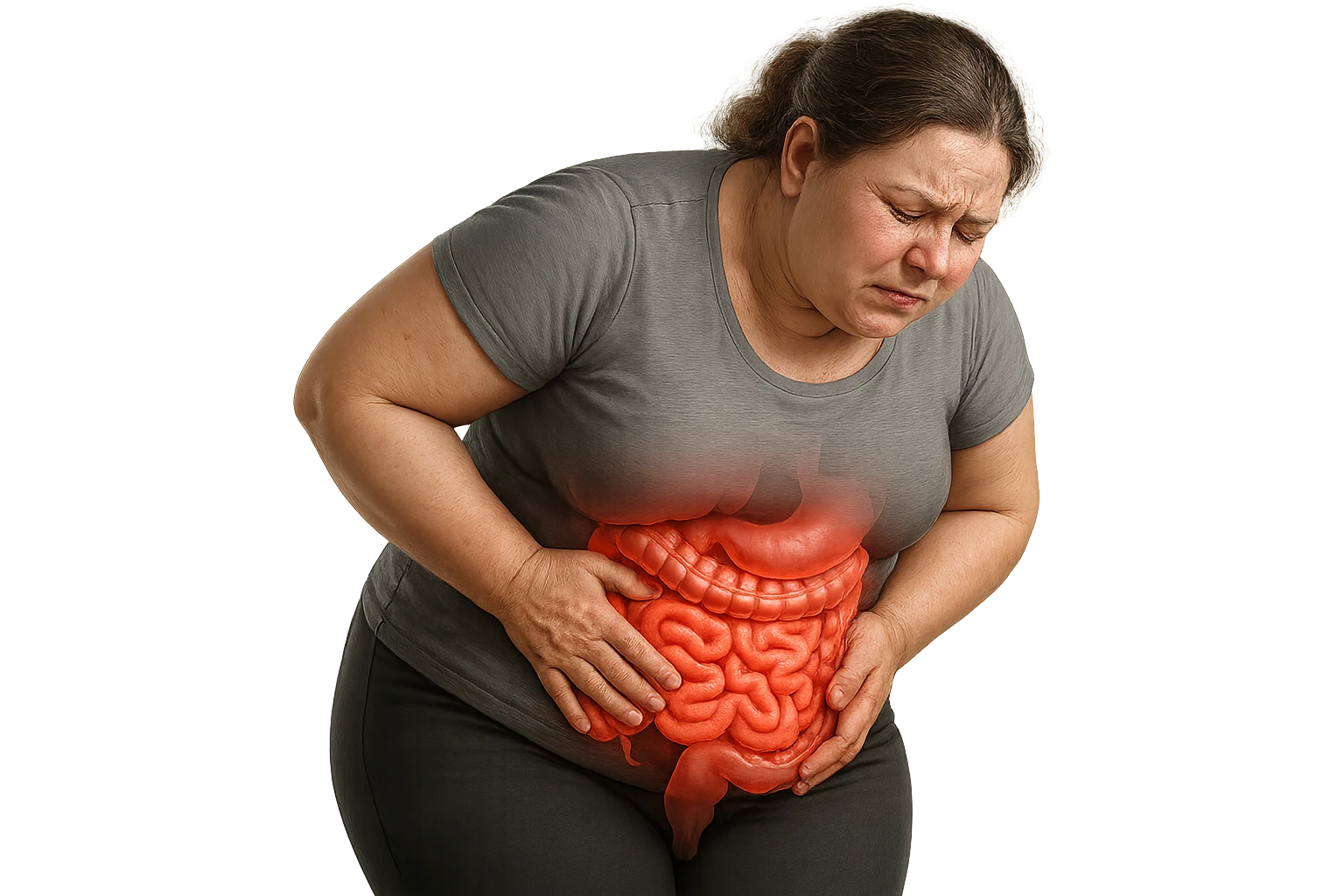 DONNA LEGGERMENTE SOVRAPPESO PIEGATA IN AVANTI FRONTALMENTE CON INTESTINO ANATOMICO IN EVIDENZA, MAL DI PANCIA iperrealistico 4k emoji