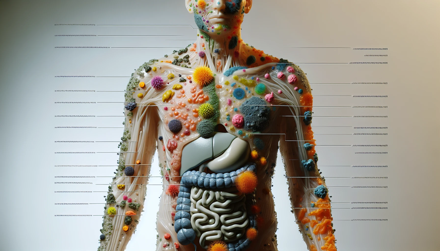 corpo umano anatomico che accumula tossine e virus e malattie nel corpo , sfondo neutro chiaro, iperrealistico 4k emoji