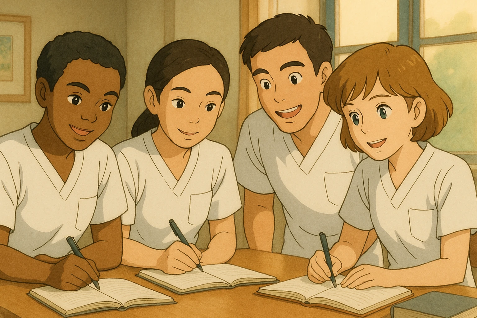 Four nursing students working together, Ghibli style, wearing short-sleeved white medical tunics with V-neck collars, left chest pockets, no stand-up collars, no stethoscopes, clean sleeves with no fabric extending beyond the sleeves. Faces and styles inspired by four provided photos. emoji