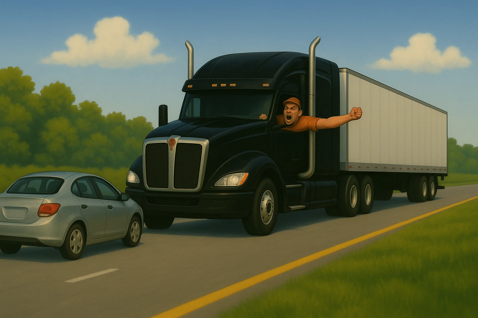 Zoom the scene out a lot farther, making the vehicles much smaller and showing a wide view of the road and landscape. Keep the black Kenworth W680 semi with chrome stack, angry bald driver in orange shirt and baseball cap, arm out the window, following a car. Scene should remain bright and vibrant. emoji