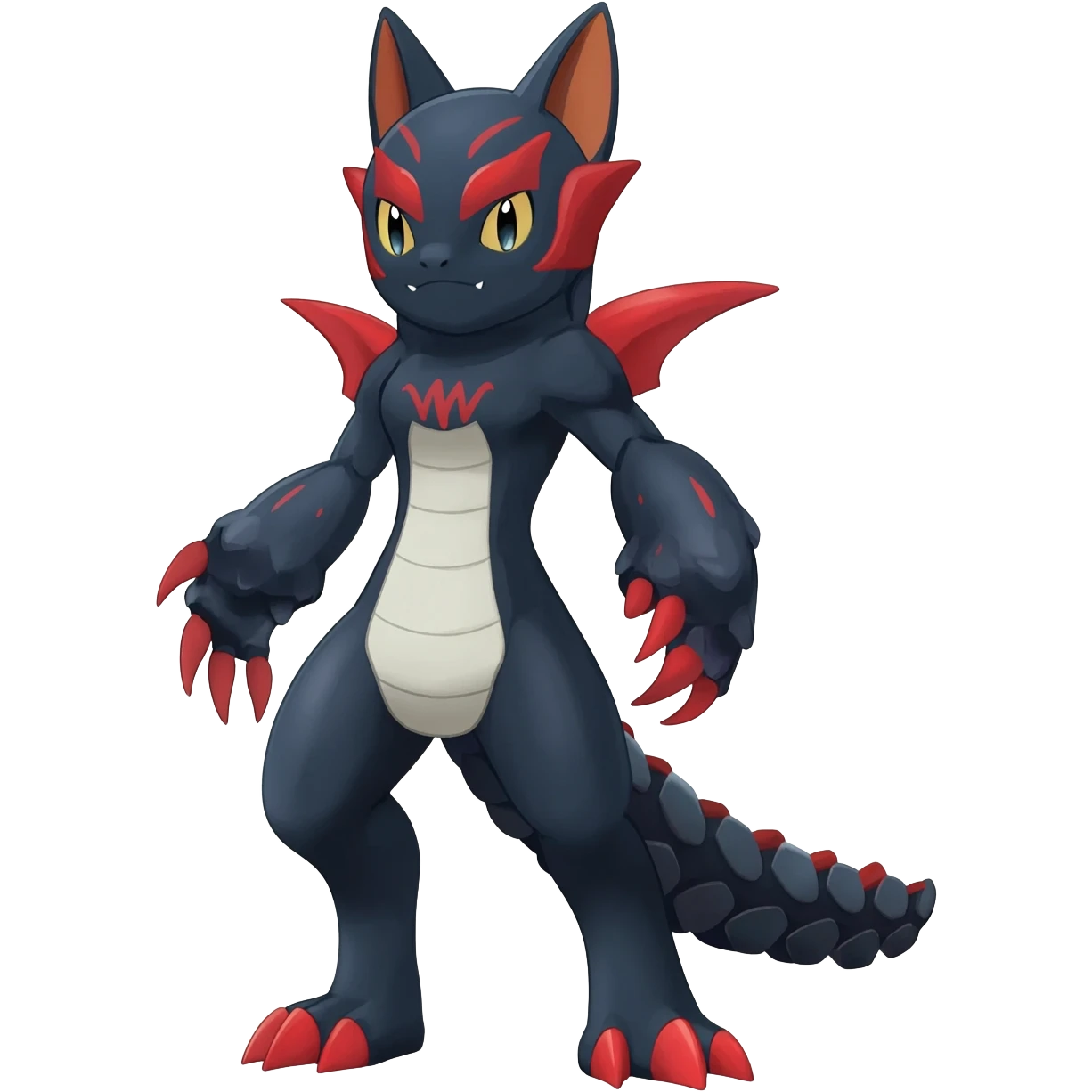 midnight blue-gray-black, with red markings, white belly, scaley Bastet-Noibat-Gatomon-Garchomp-Digimon-Fakémon-Pokémon-creature (full body) emoji