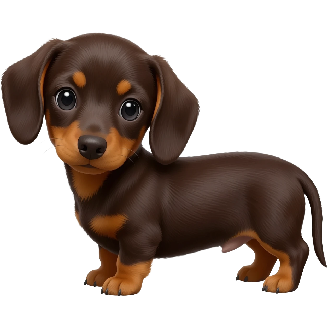 A cute 8 week old dascshund puppy with long ears, short legs, and dark brown fur. emoji