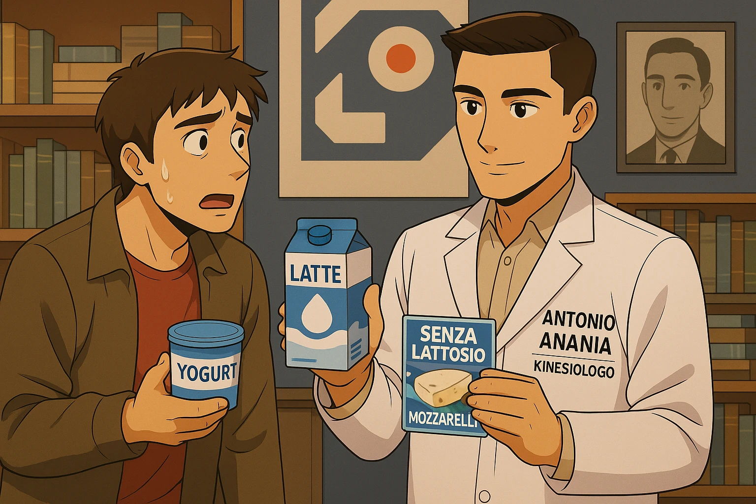 fai un webtoon manga a colori con questo stile, in cui un uomo ASCOLTA Il kinesiologo con il camice bianco (fagli anche la scritta "ANTONIO ANANIA" SUL CAMICE, IL KINESIOLOGO SPIEGA ALL'UOMO UNA MOSTRANDO VARI PRODOTTI DA SUPERMERCATO CONFEZIONATI (TIPO SCATOLA DI LATTE, MOZZARELLE CONFEZIONATE, FORMAGGIO CONFEZIONATO), OGNI CONFEZIONE HA LA SCRITTA "SENZA LATTOSIO SULL'ETICHETTA. L'UOMO OSSERVA IL KINESIOLOGO CON ESPRESSIONE CONFUSA IN VOLTO. non fare i fumetti però, fai solo in modo che sembri stiano parlando emoji