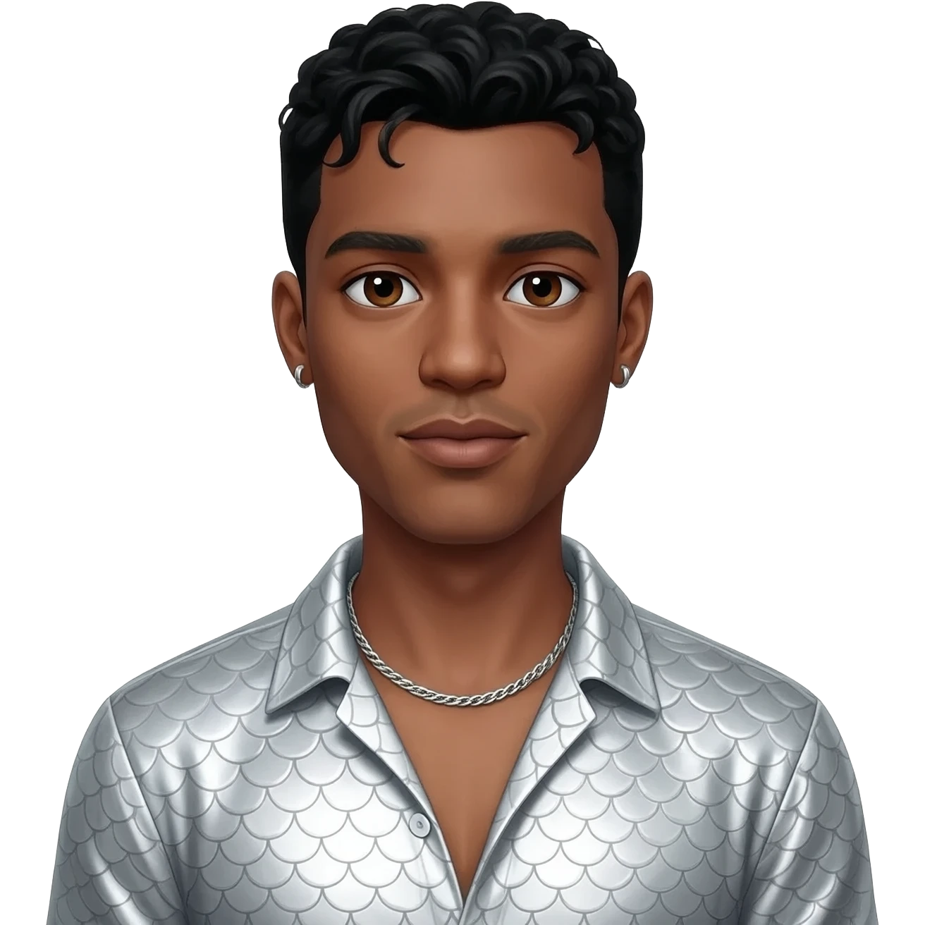 Usher with dark brown eyes, black hair, ivory metallic mermaid shirt, silver necklace and short earrings emoji