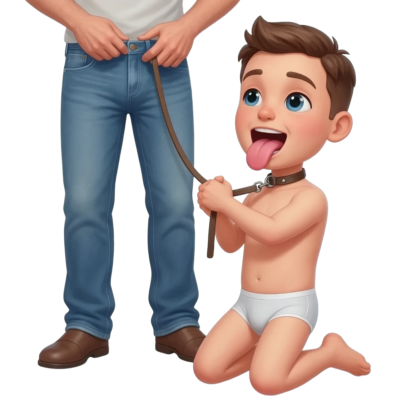 Petite guy in underwear with mouth wide open and tongue out on his hands and knees wearing a collar and leash held by the first man in jeans and a the second man is unbuttoning his jeans emoji