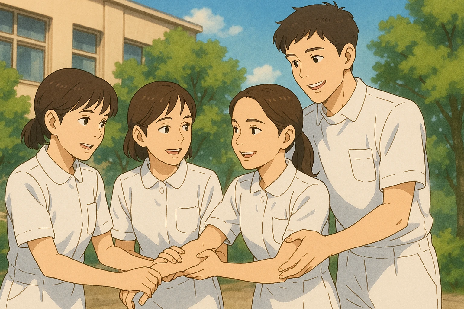 Three female nursing students of the same height and one taller male nursing student, all in white short-sleeve uniforms without stethoscopes, helping each other, faces inspired by photos, Ghibli style, positive atmosphere emoji