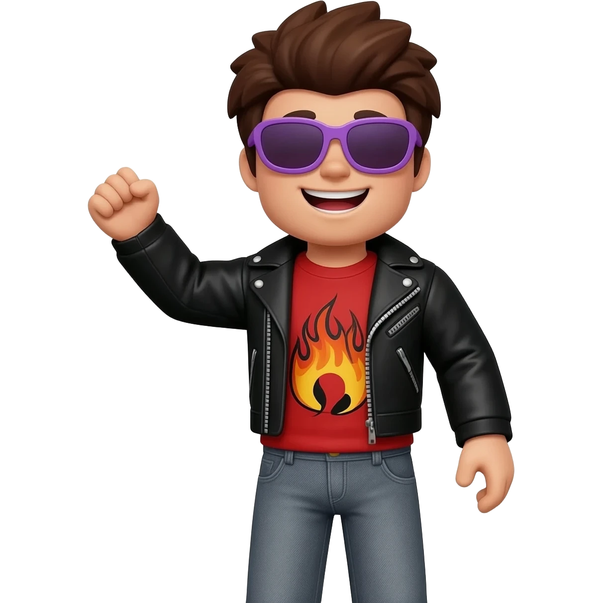 Cool Roblox boy avatar emoji, brown hair, purple sunglasses, smiling face, black leather jacket, red shirt with flame design, gray jeans, confident pose with one hand raised, playful and stylish vibe, 3D cartoon style, bright lighting, cute gaming emoji style emoji