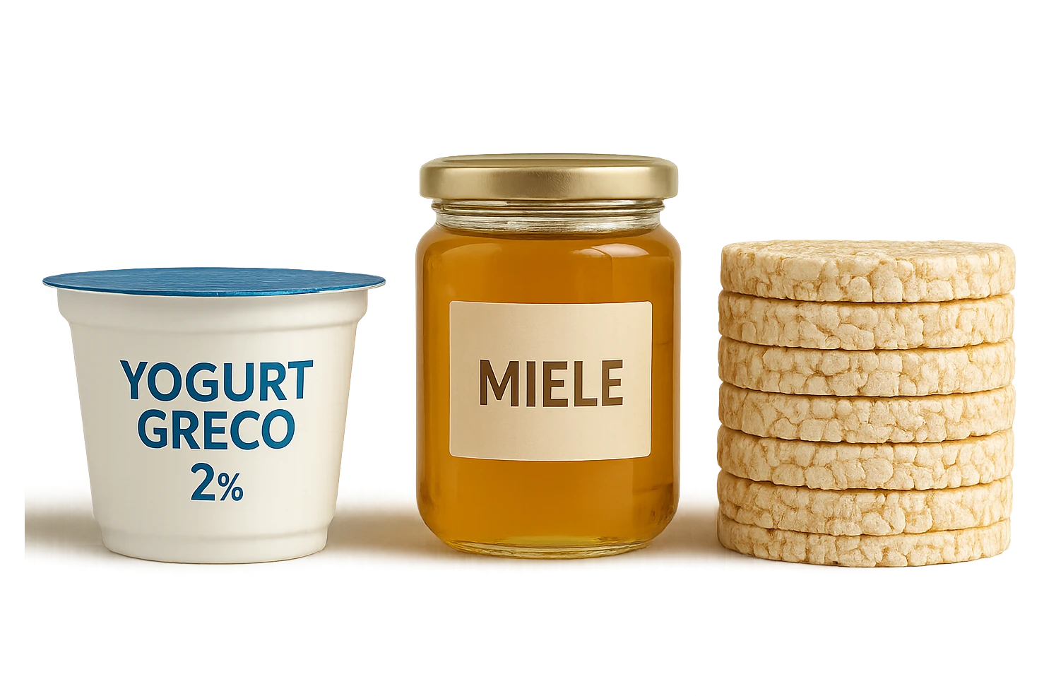 Yogurt Greco 2%
Miele (senza il cucchiaio di legno)
Gallette di Riso
vista frontale, iperrealistico 4k emoji