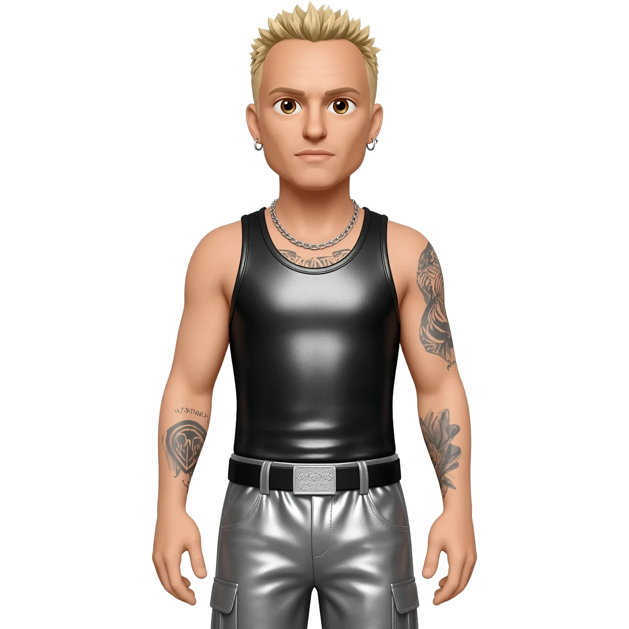 Chester Bennington with brown eyes, blonde hair, black metallic tank top, gray metallic baggy pants, silver necklace emoji