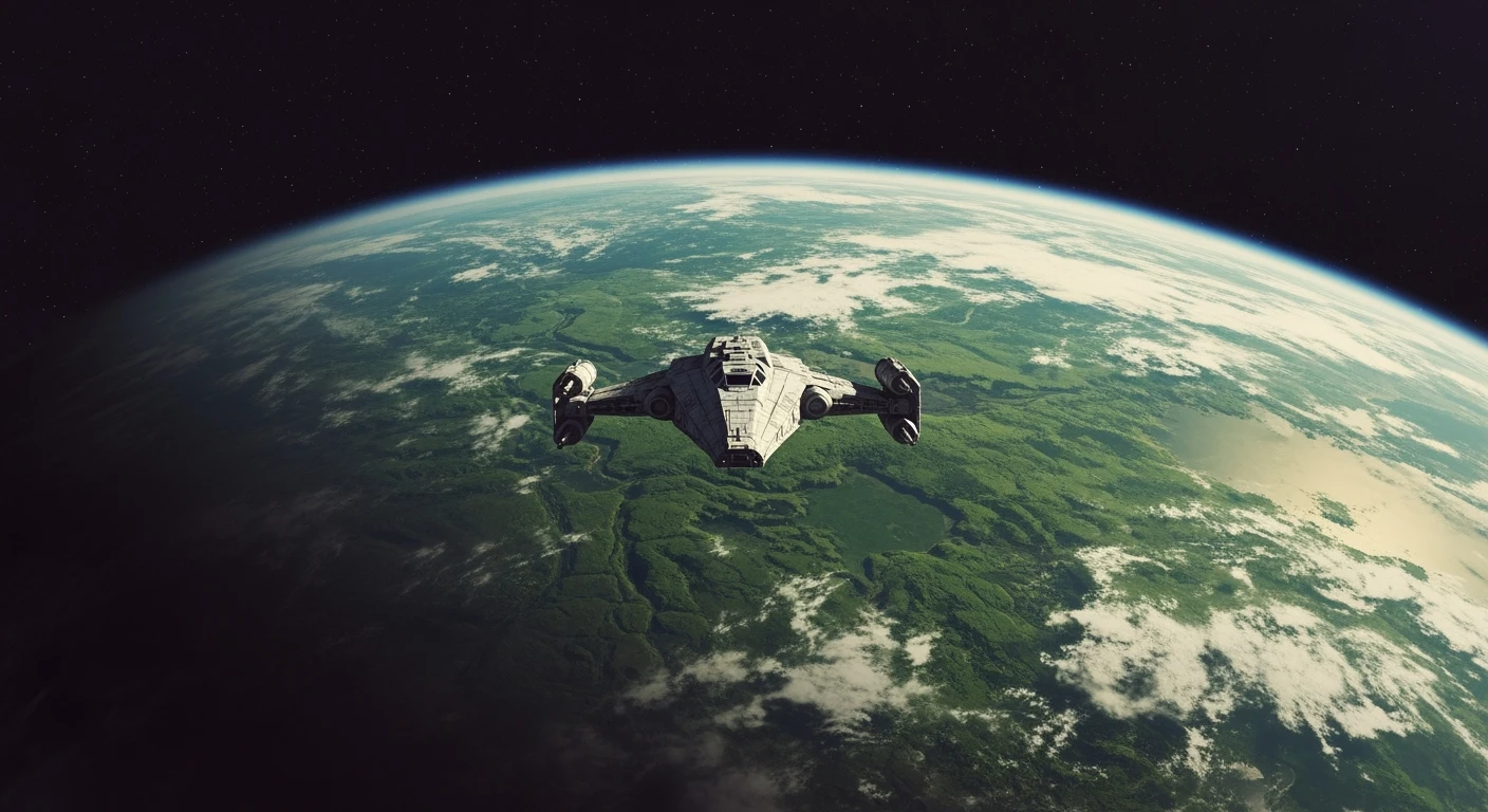 cinematic still, establishing shot, shot from top, entire globe green planet, single starship coming to planet, inspired by StarWars movie, captured by arri alexa  emoji