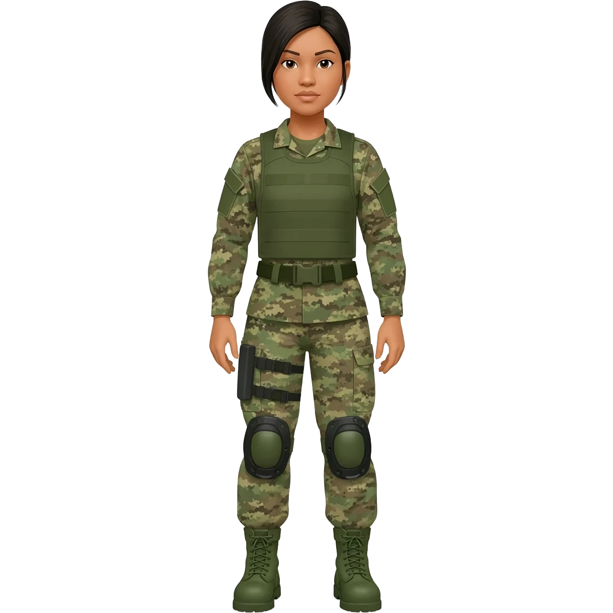 Filipino female army soldier bdu camo with green combat boots without plate carrier and without wear belt without knee pads long sleeve emoji