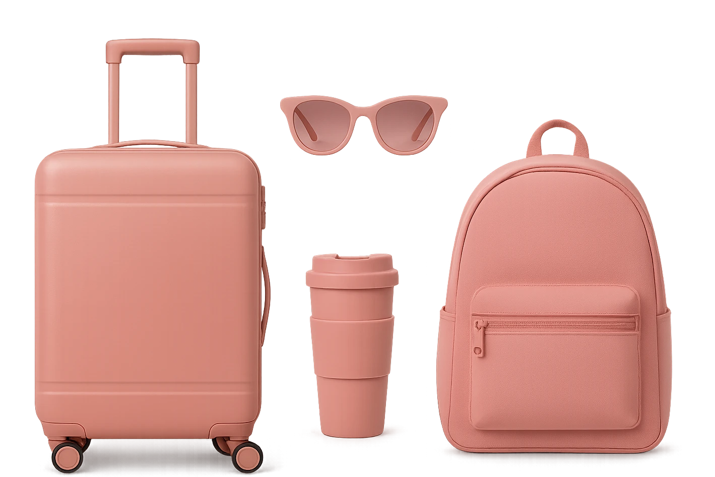 themed pink travel with pink suitcase, pink travel mug, pink sunglasses, pink backpack, all matching, stylish emoji