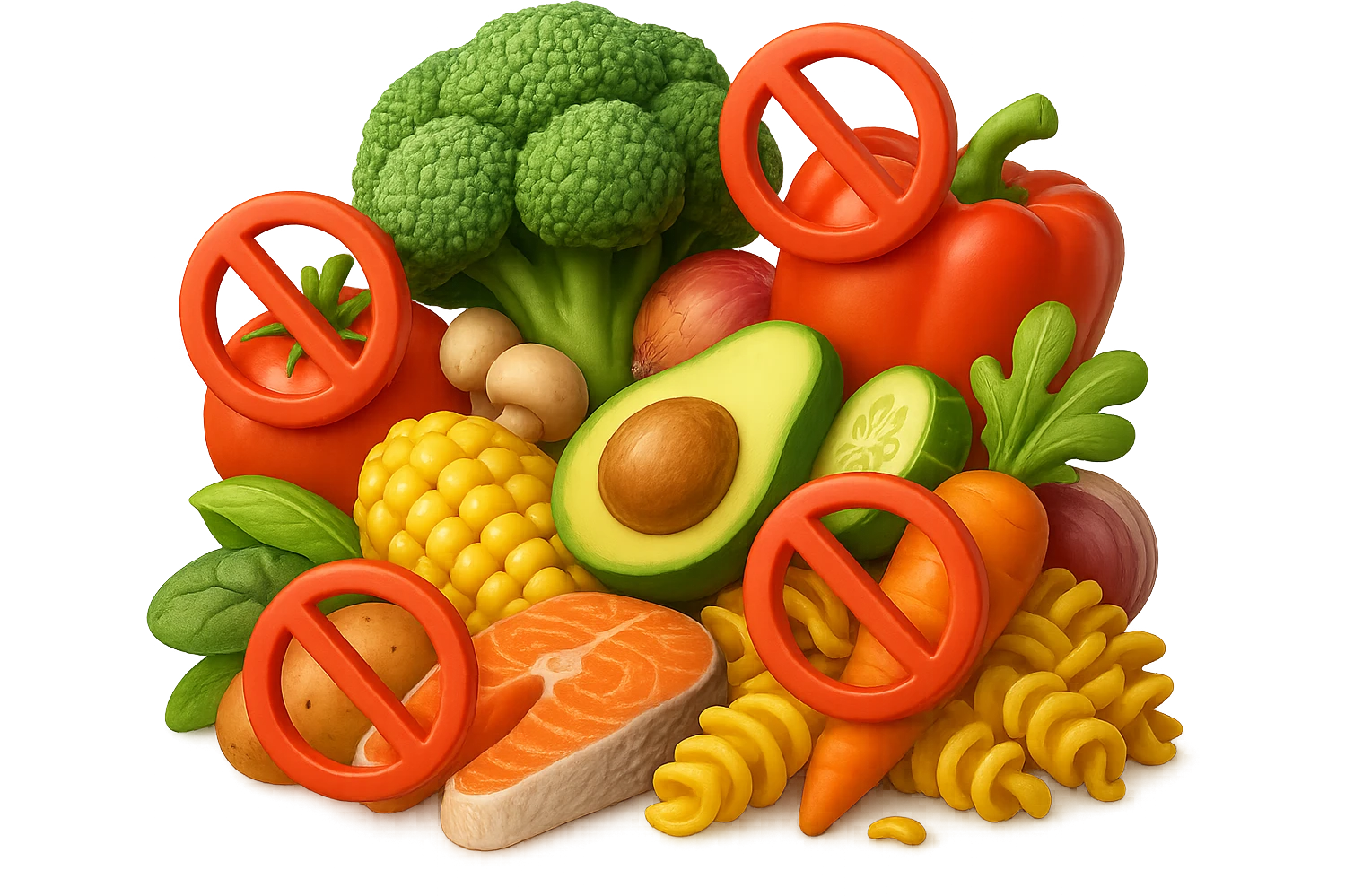 EMOJI STILE IPHONE DI UNa montagna di cibo sano tipo broccoli, pomodori, pasta ecc con divieti 3d sparsi, IPERREALISTICO 4K emoji