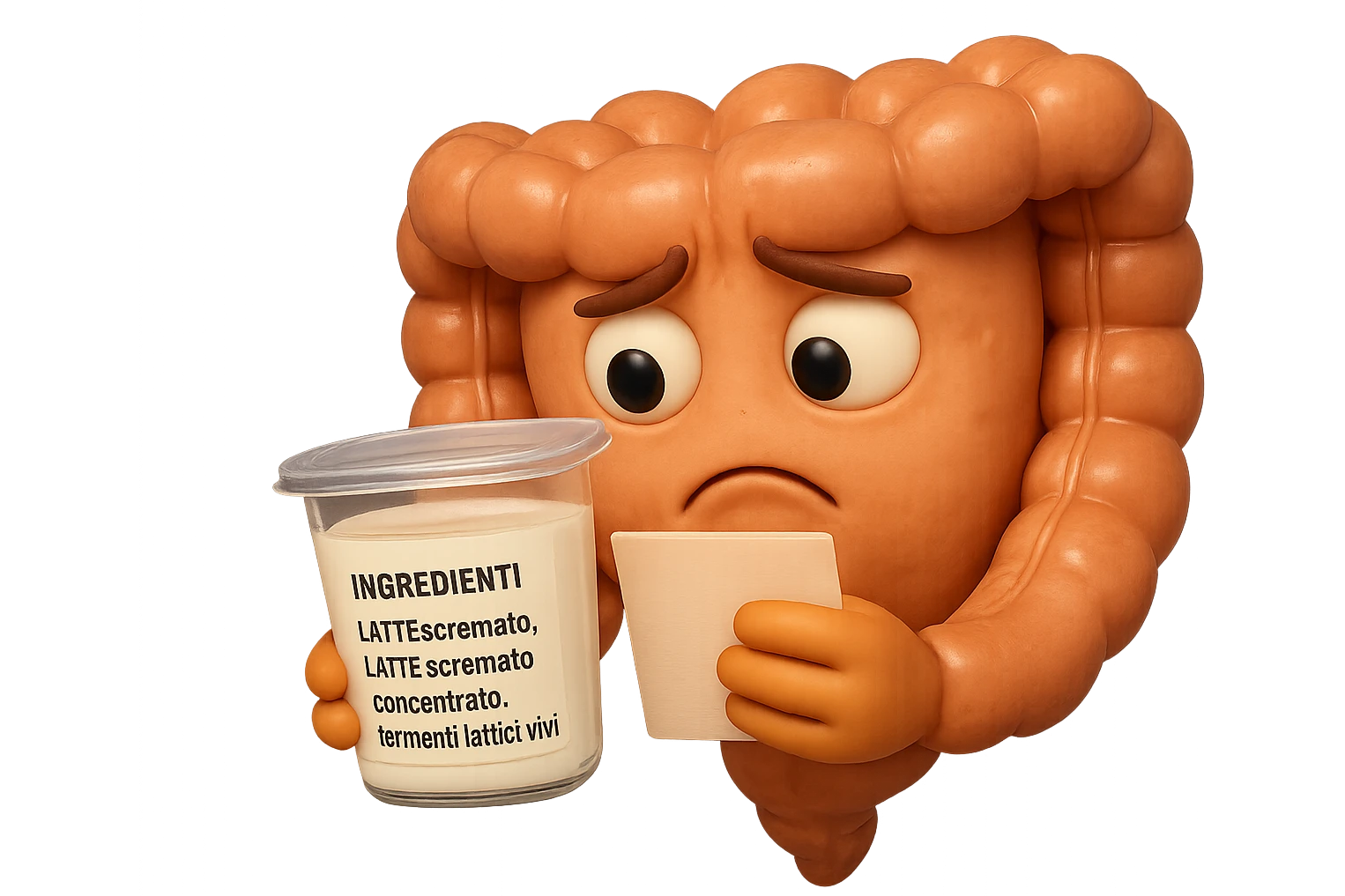 SU QUESTO STILE FAI UN EMOJI STILE IPHONE 3D DI UN INTESTINO CHE HA IN MANO UN BARATTOLO DI YOGURT CONFEZIONATO DA SUPERMERCATO E LEGGE L'ETICHETTA NUTRIZIONALE CON GLI INGREDIENTI IN ITALIANO, ACCANTO ALLO YOGURT CHE HA IN MANO C'è UN FOCUS SULL'ETICHETTA CON GLI INGREDIENTI SCRITTI, FAGLI UN ESPRESSIONE CONFUSA MENTRE LEGGE E FALLO MOLTO REALISTICO IN 3D emoji
