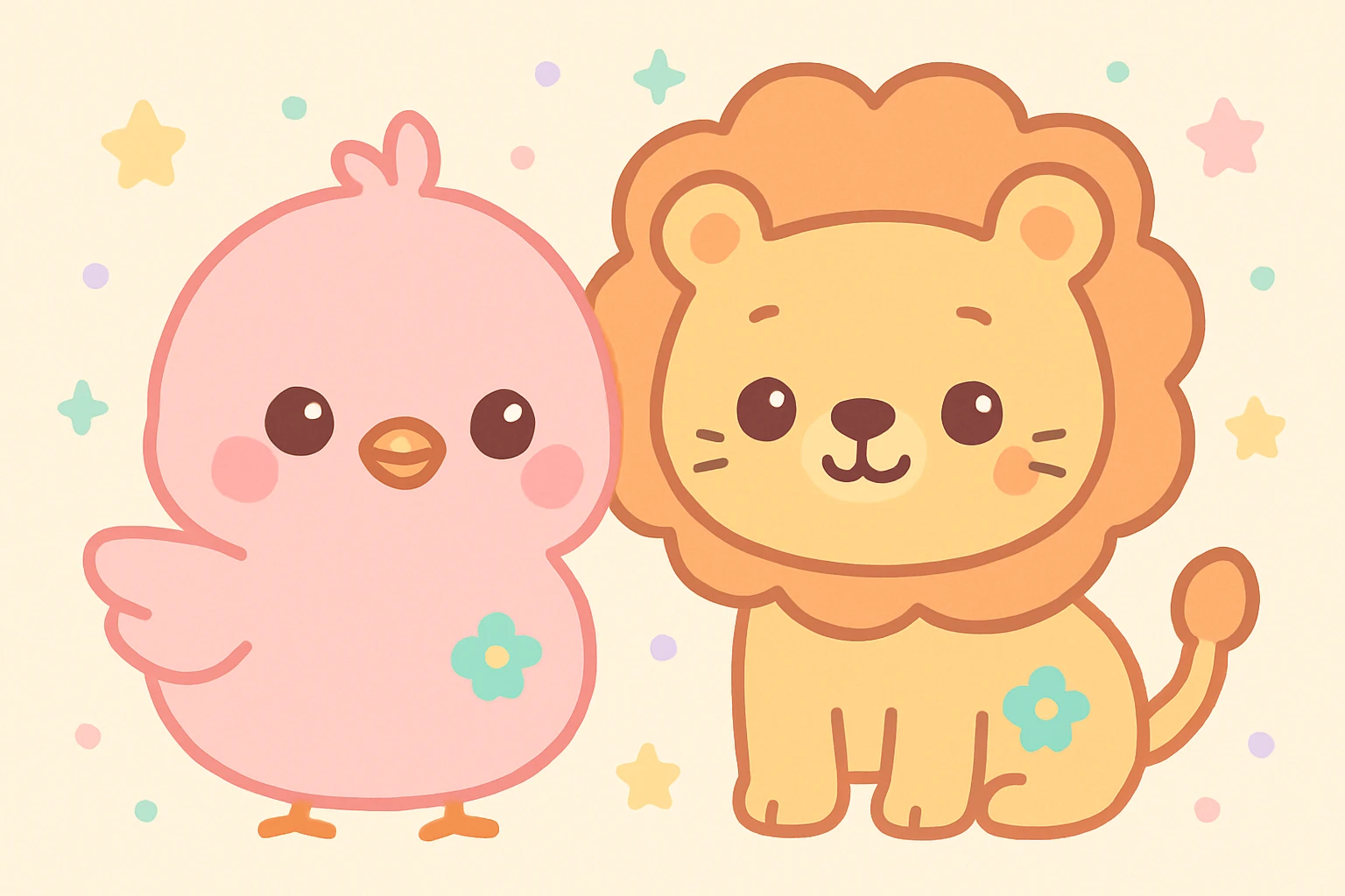 a cute pink chick and a lion together, original design, big eyes, blushing cheeks, joyful, the chick and the lion are friends, standing side by side emoji