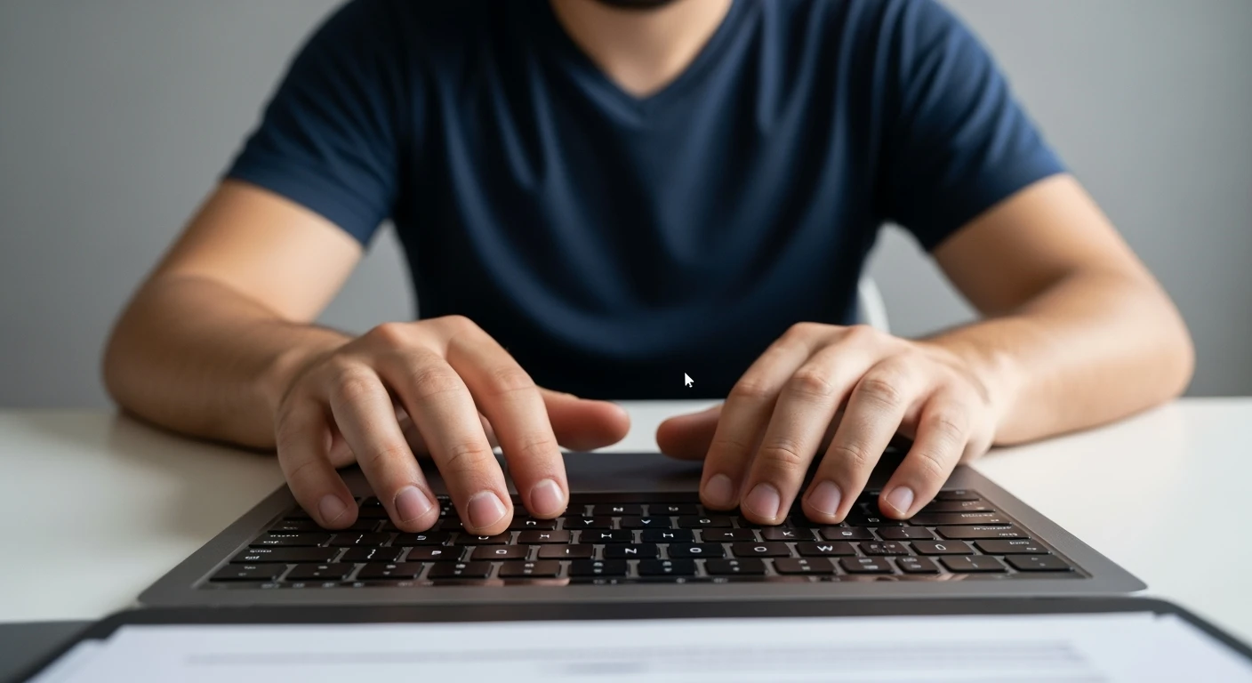 POV shot, Man writing on macbook pro keyboard, minimalistic environment emoji