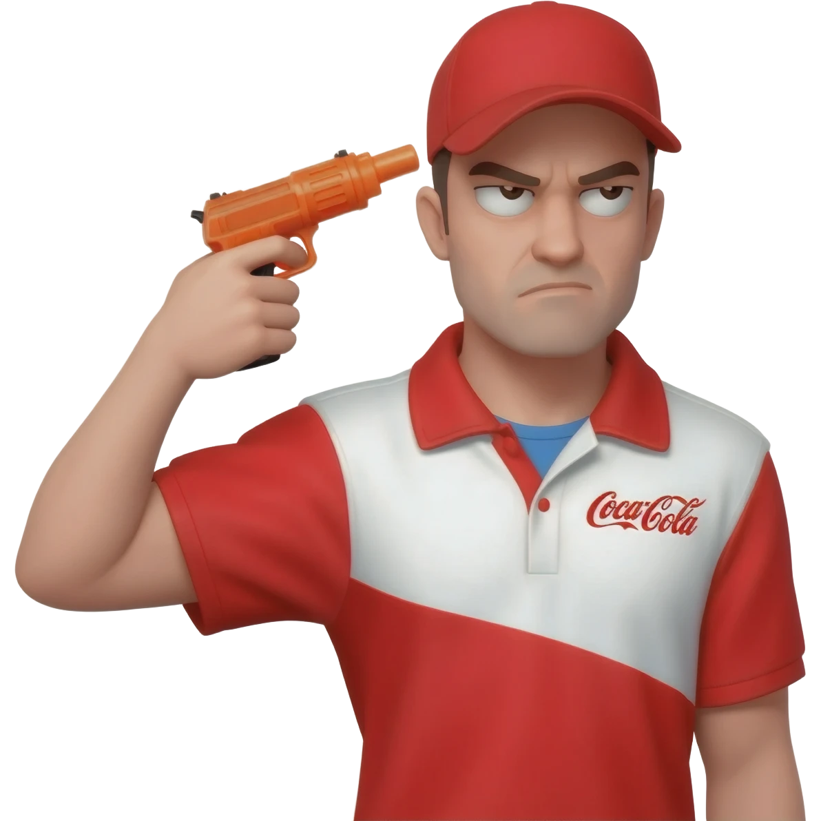 grumpy coca-cola employee with a toy gun pointed at his head emoji