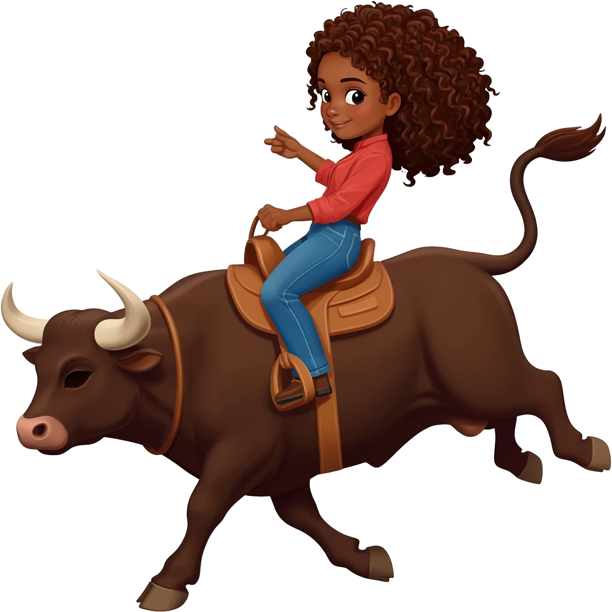 Girl brown skin curly hair bull riding emoji
