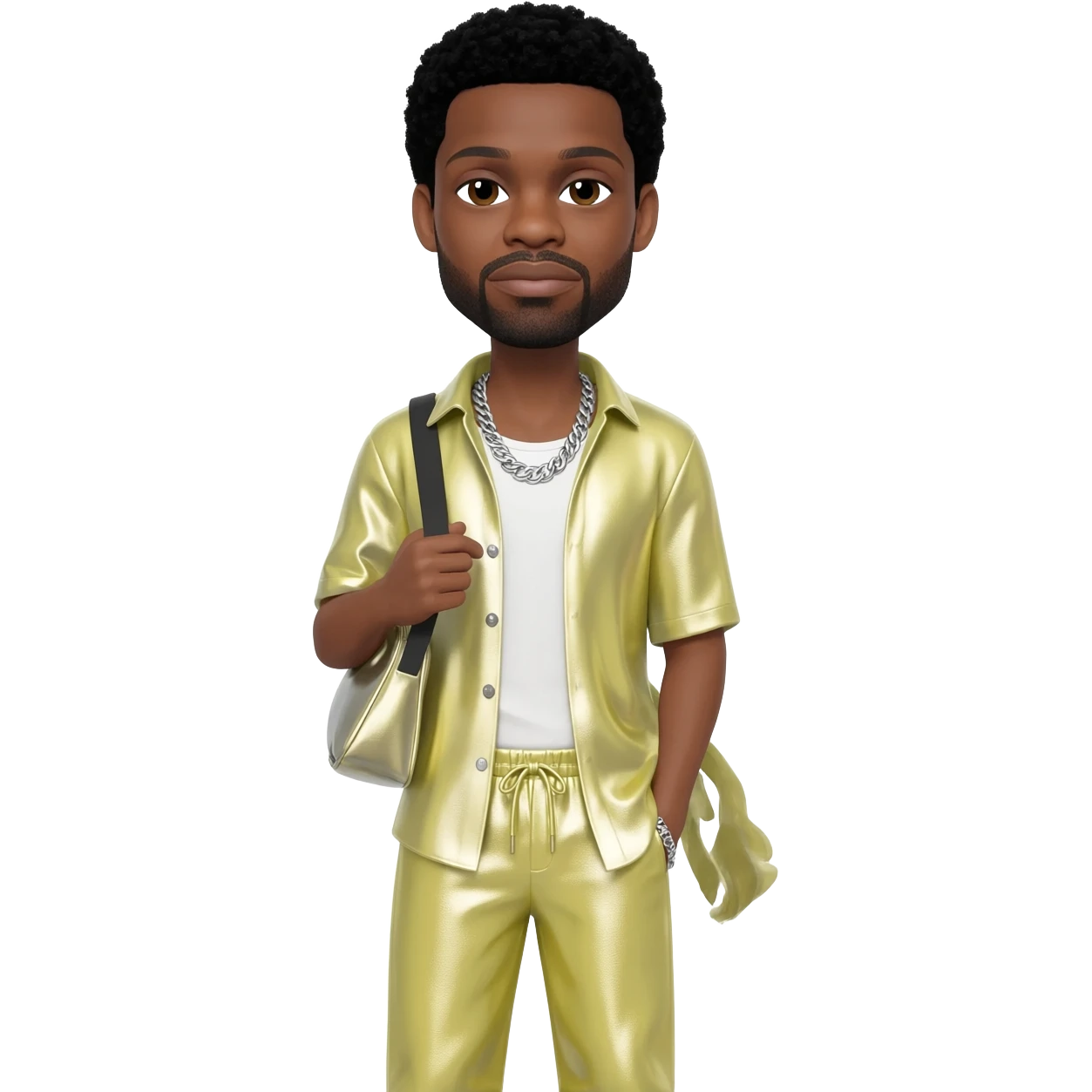 Usher with black hair, light yellow metallic shirt, light yellow metallic baggy pants, silver necklace emoji