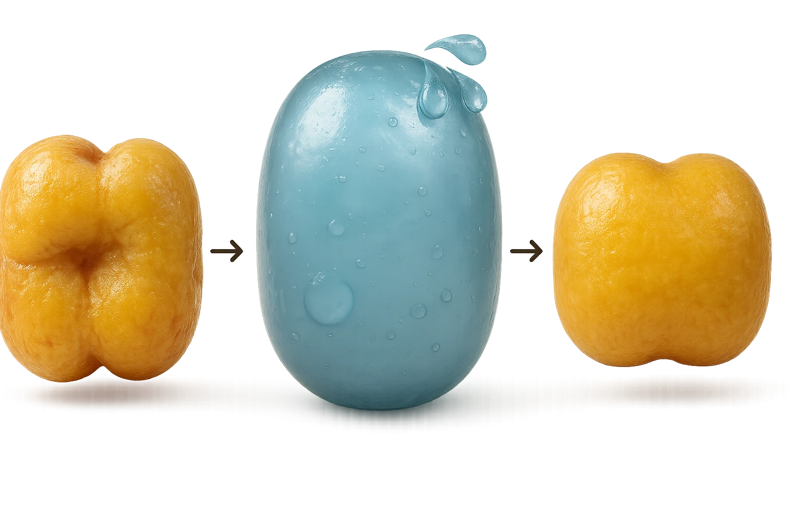 il processo di una cellula adiposa che si sgonfia, si gonfia di acqua e infine si appiattisce, 3d iperrealistica 4k, sfondo bianco emoji