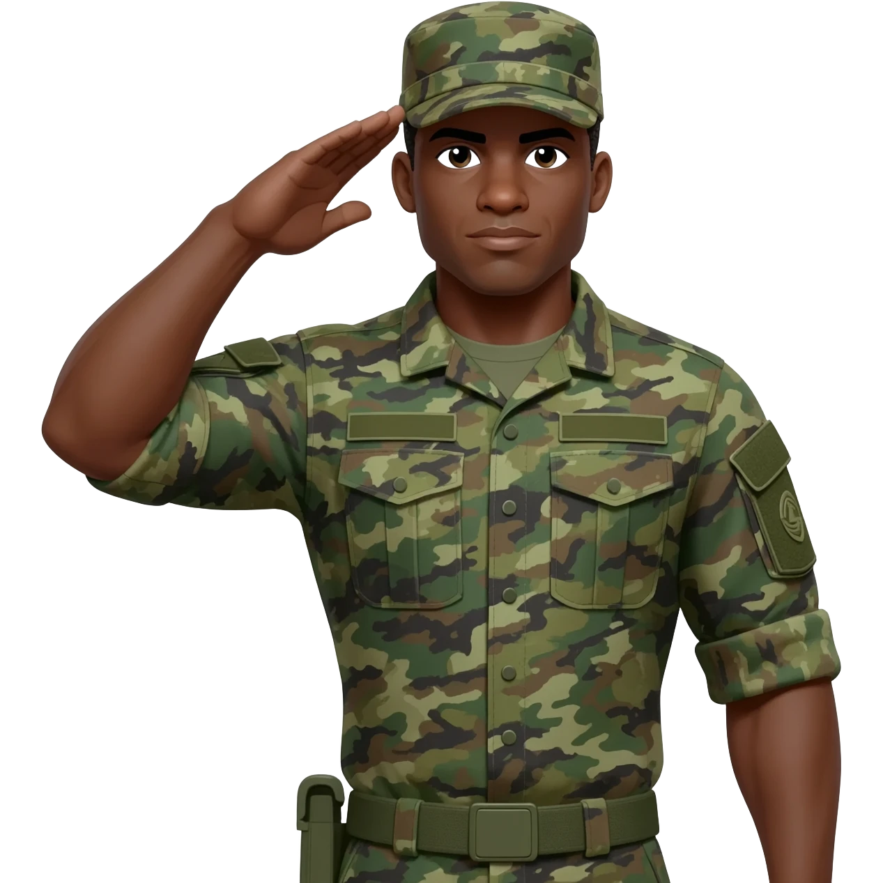 I need a black male military he has to have a military cap on more like campaign covers used by drill, instructors or state police officers make soldier well built with muscle muscles soldier and camouflage green uniform saluting emoji