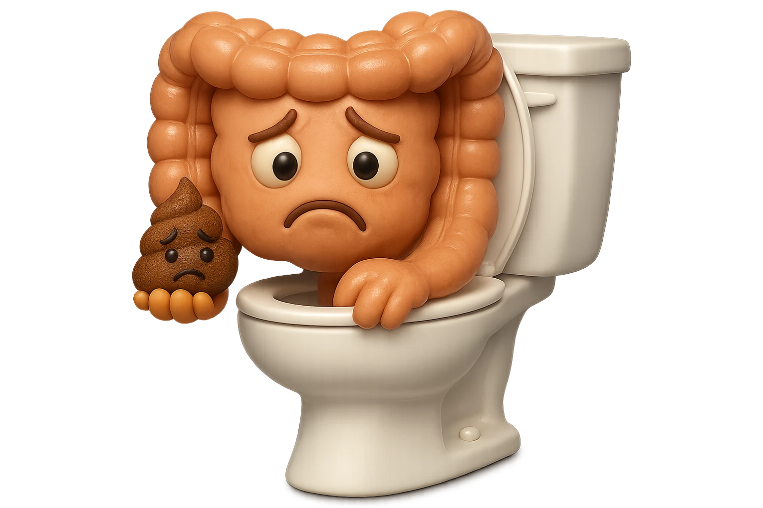 emoji stile iphone di un intestino realistico 3d che esce dal wc con in mano una montagnetta di feci con espressione triste a palline, iperrealistico 4k emoji