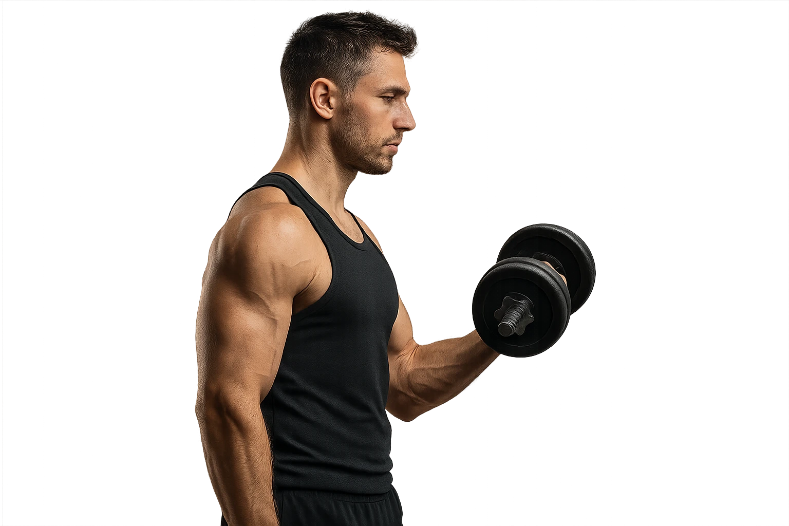 uomo fitness di profilo con manubrio da palestra in mano, iperrealistico 4k emoji