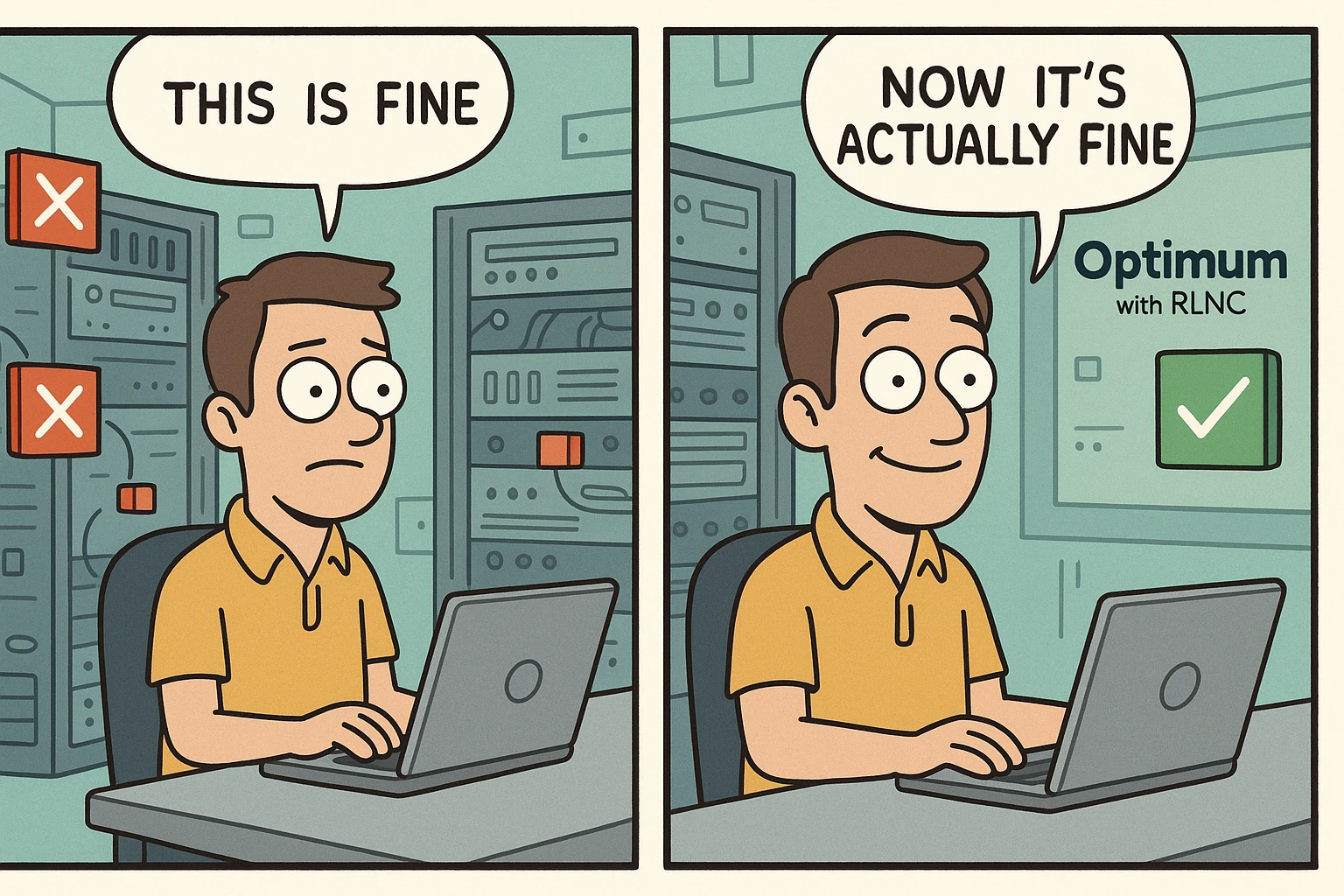 A two-panel meme in the style of 'This is fine'. In the first panel, a character sits calmly while data blocks are failing or disappearing, saying 'This is fine'. In the second panel, the system is stable thanks to Optimum with RLNC, and the character now says 'Now it's actually fine'. Use a clean, modern visual style with a tech-oriented background. emoji