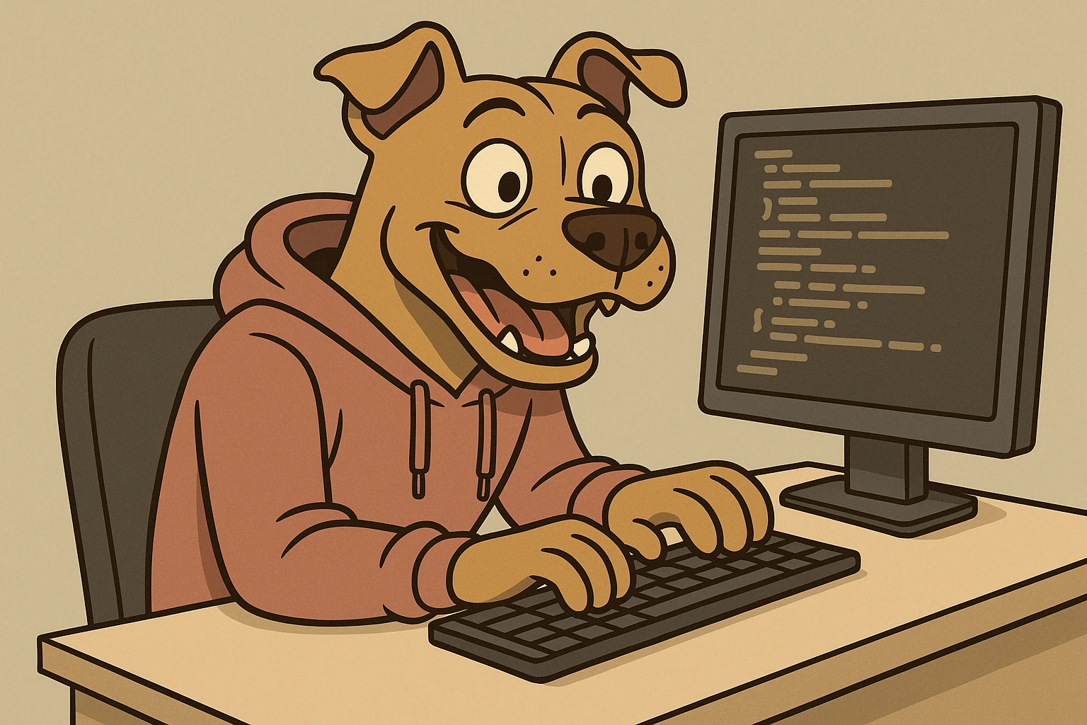 pit-bull character, hoodie, at a desk, typing programming code, energetic emoji