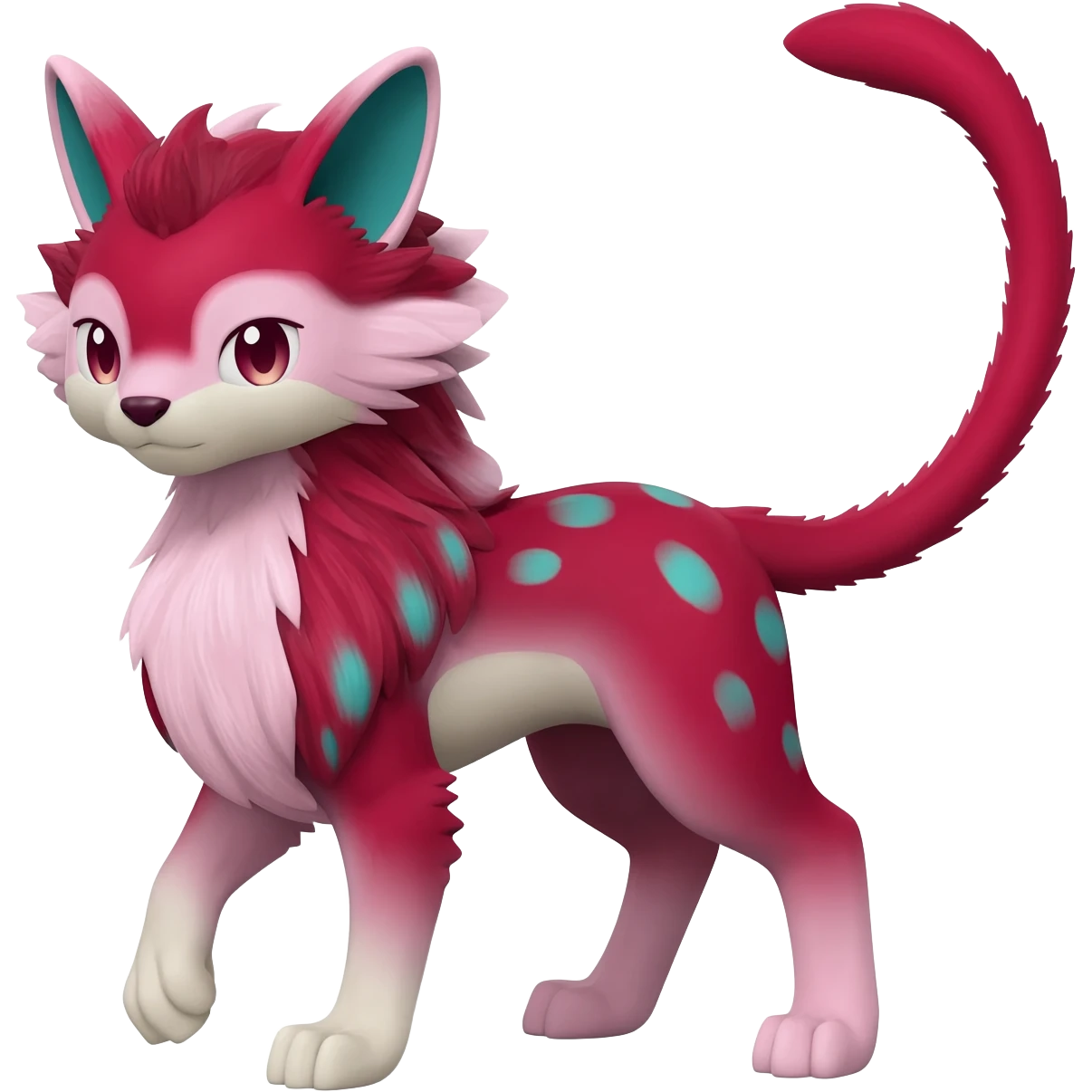 Epic complex detailed sanguine-red magenta pink white pastel realistic aesthetic-scenic-Fakémon-Trico-Sergal-Serval-Vernid-creature (full body) with cyan markings  emoji