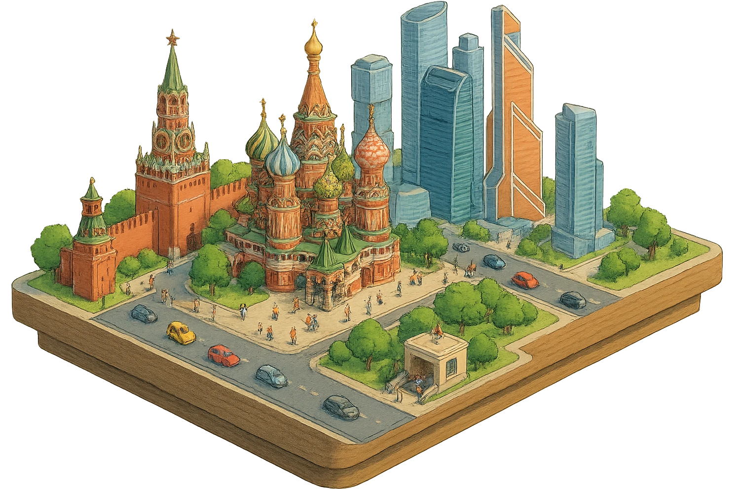 Изометричная миниатюрная 3D модель Москвы на подставке - фотореалистичный Кремль, собор Василия Блаженного, фотореалистичный Башни Москва-Сити, аккуратная детализация, четкие линии, яркие цвета, мультяшный реализм, гуляют люди и современный автотранспорт и метро, компактная композиция, вид сверху в изометрии, прозрачный фон emoji