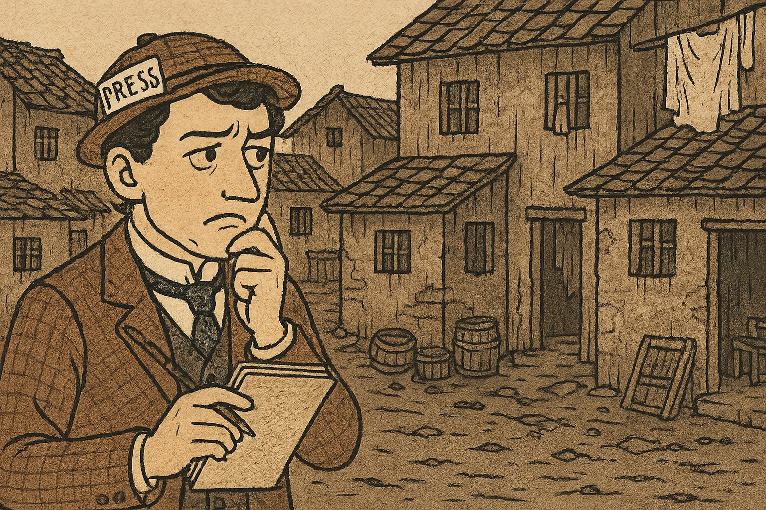 A victorian journalist looking concerned about the housing conditions in the slums emoji