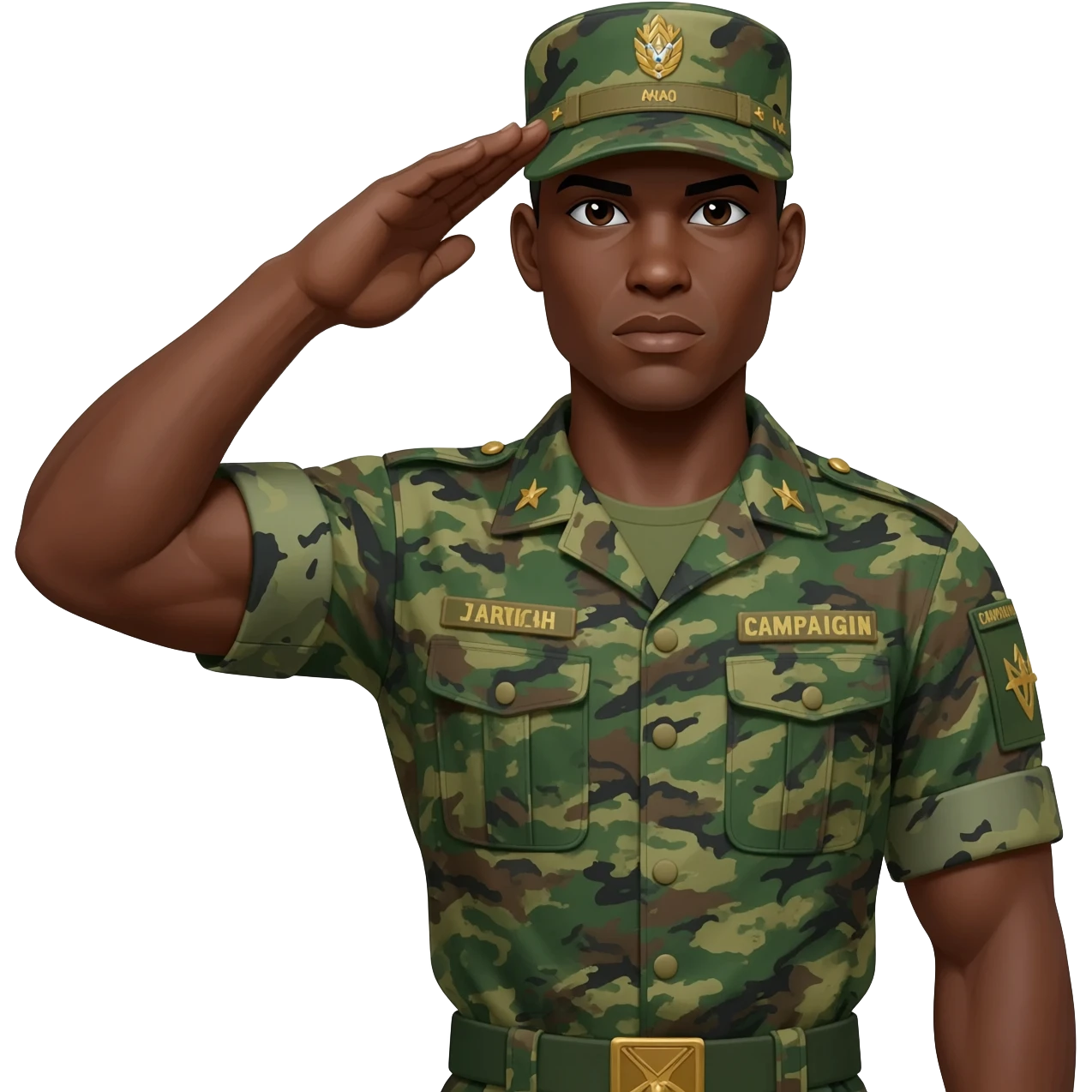 I need a black male military he has to have a military cap on more like campaign covers used by drill, instructors or state police officers make soldier well built with muscle muscles soldier and camouflage green uniform saluting emoji