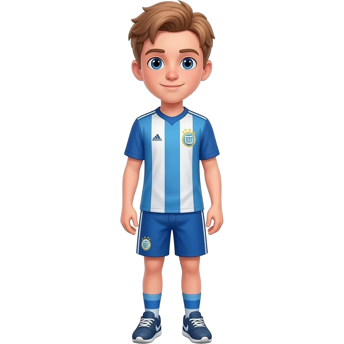Teenage boy with light brown hair and blue eyes.  Broad shoulders. Wearing a soccer themed shirt and shorts outfit with matching sneakers. emoji