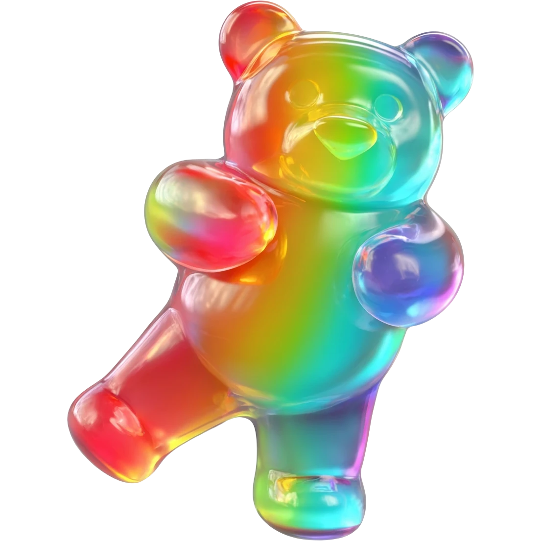hyper-realistic 3D rendering of a translucent, glistening rainbow gummy bear mid-bounce, its plump body captured in dynamic motion as if frozen in time. The candy's surface refracts light like real gelatin, with sticky highlights gleaming along its curved edges and subtle sugar granules  emoji