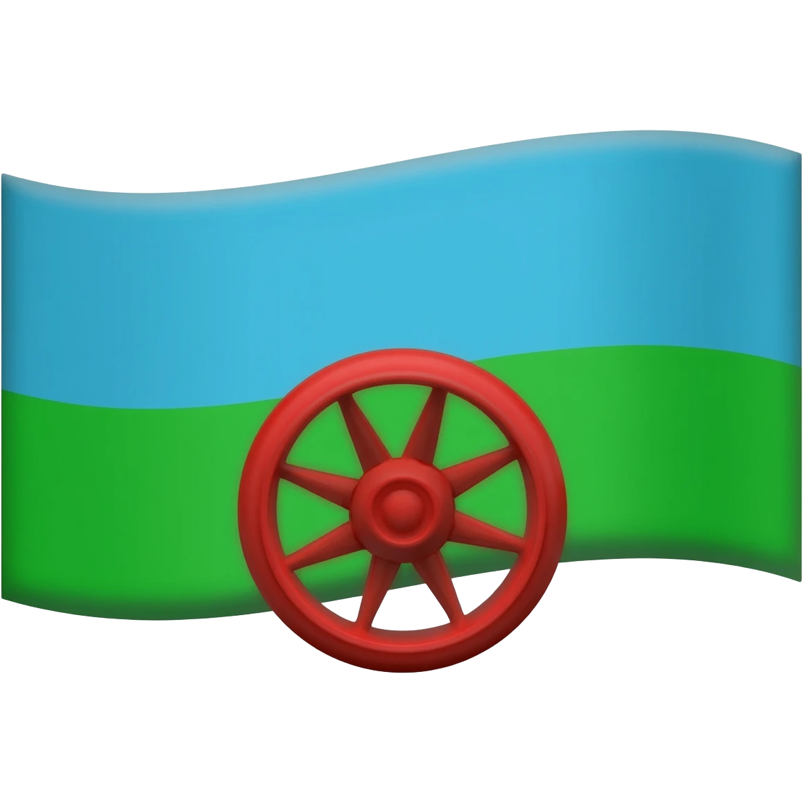 drapeau bande verte en desous bande bleu clair au dessus et roue de roulotte rouge au milieu emoji