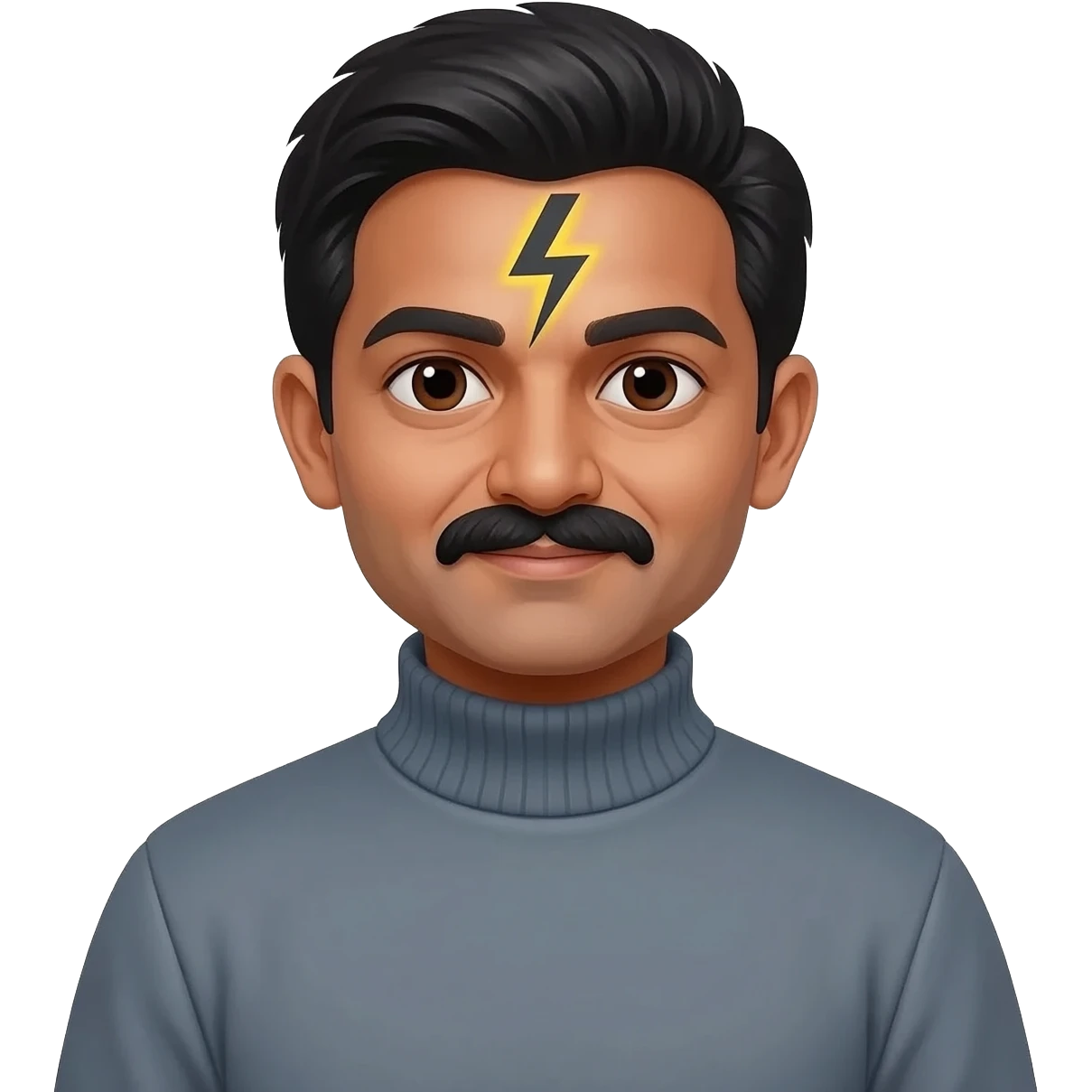 middle aged male indian primary school teacher without a moustache wearing a thick plain roller-neck jumper with a harry potter lightning  forehead mark emoji