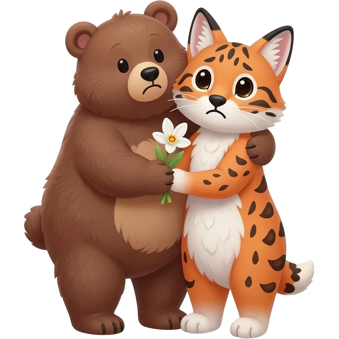 lovely bear hugs the nervouse lynx and gives her snowdrop flower emoji