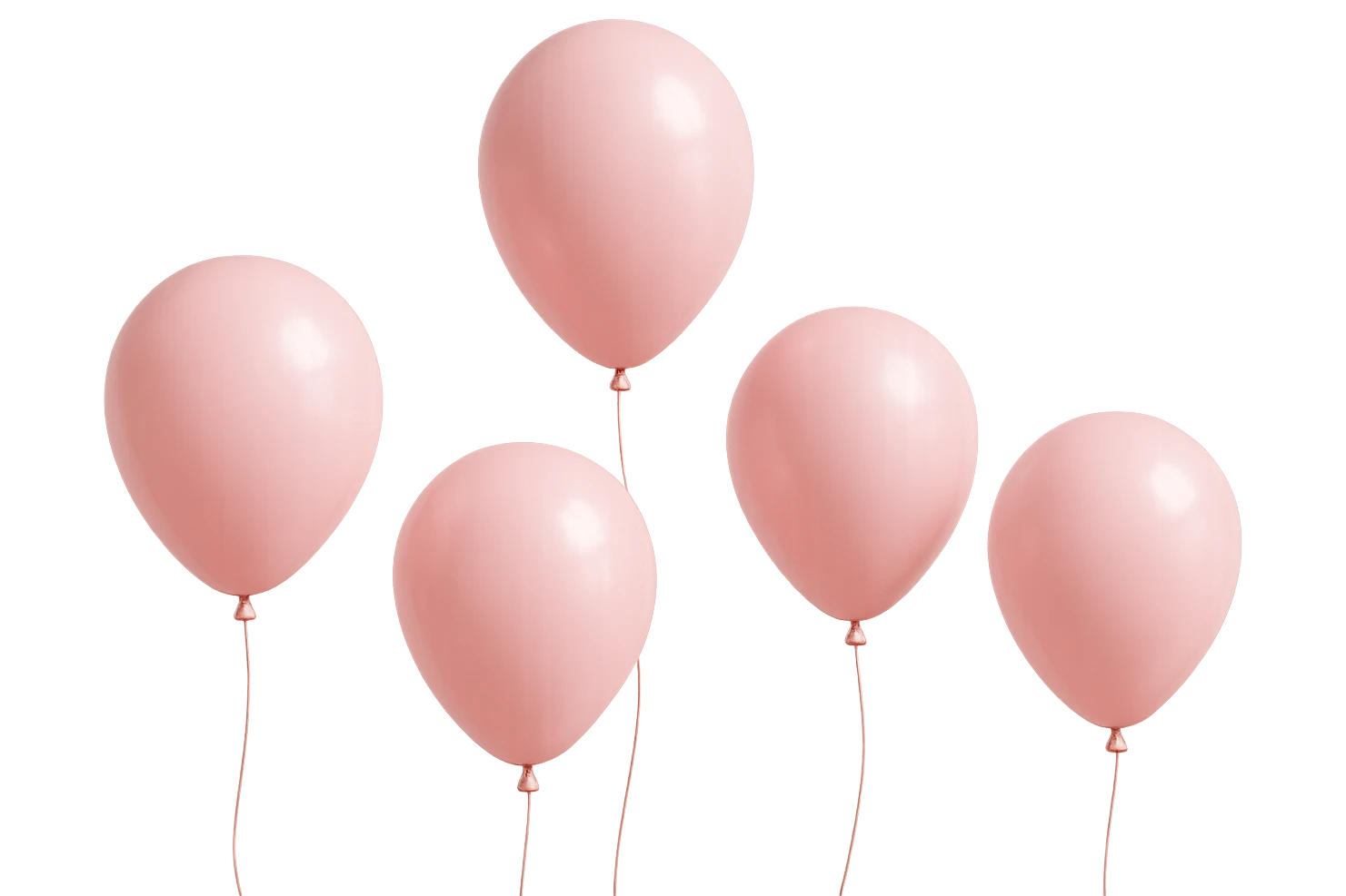 5 palloncini rosa fluttuano in aria isolati su sfondo bianco, iperrealistico 4k emoji