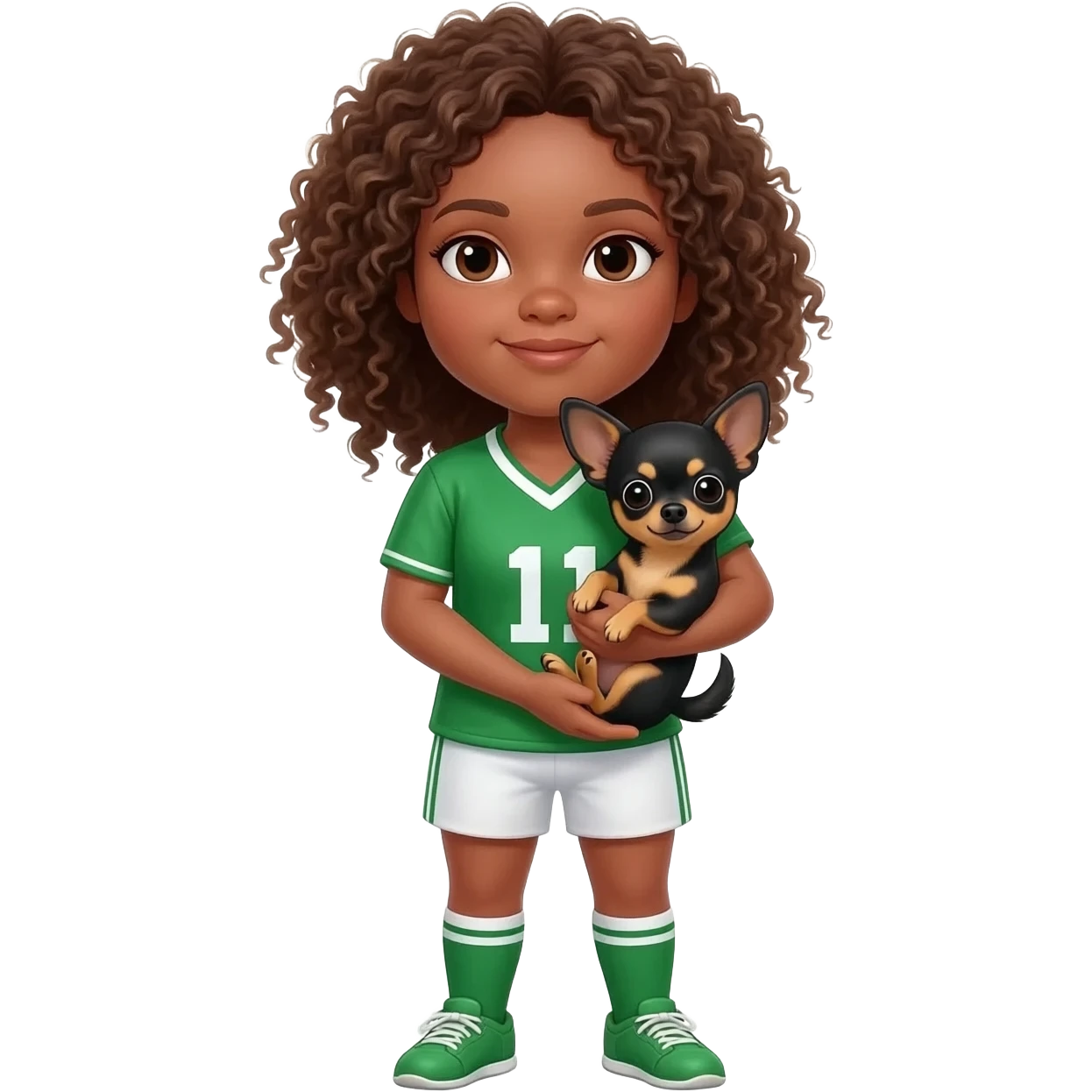 Une fille. Cheveux bouclée. Porte à maillot. Vert. Avec un chihuahua noir marron poil courut c'est une fille daisy et pour finir par apprend dans les brastous les 2. Avec sa maîtresse avec. Et moi mmatichienne emoji