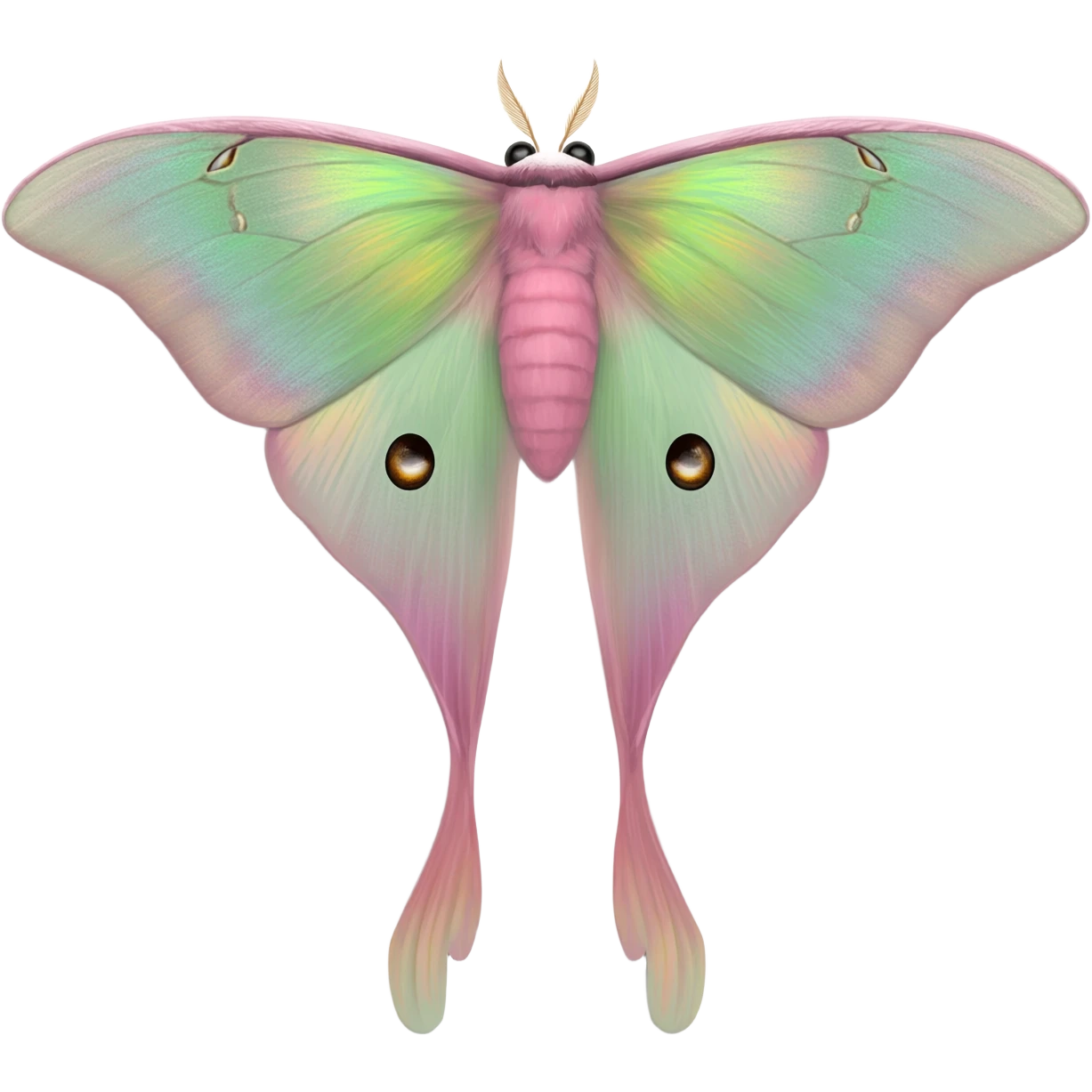 mainly light pink and green hybrid luna moth from above, with accurately detailed wings and colouring, long tendril like lower wings, and little black eyes on top of head emoji